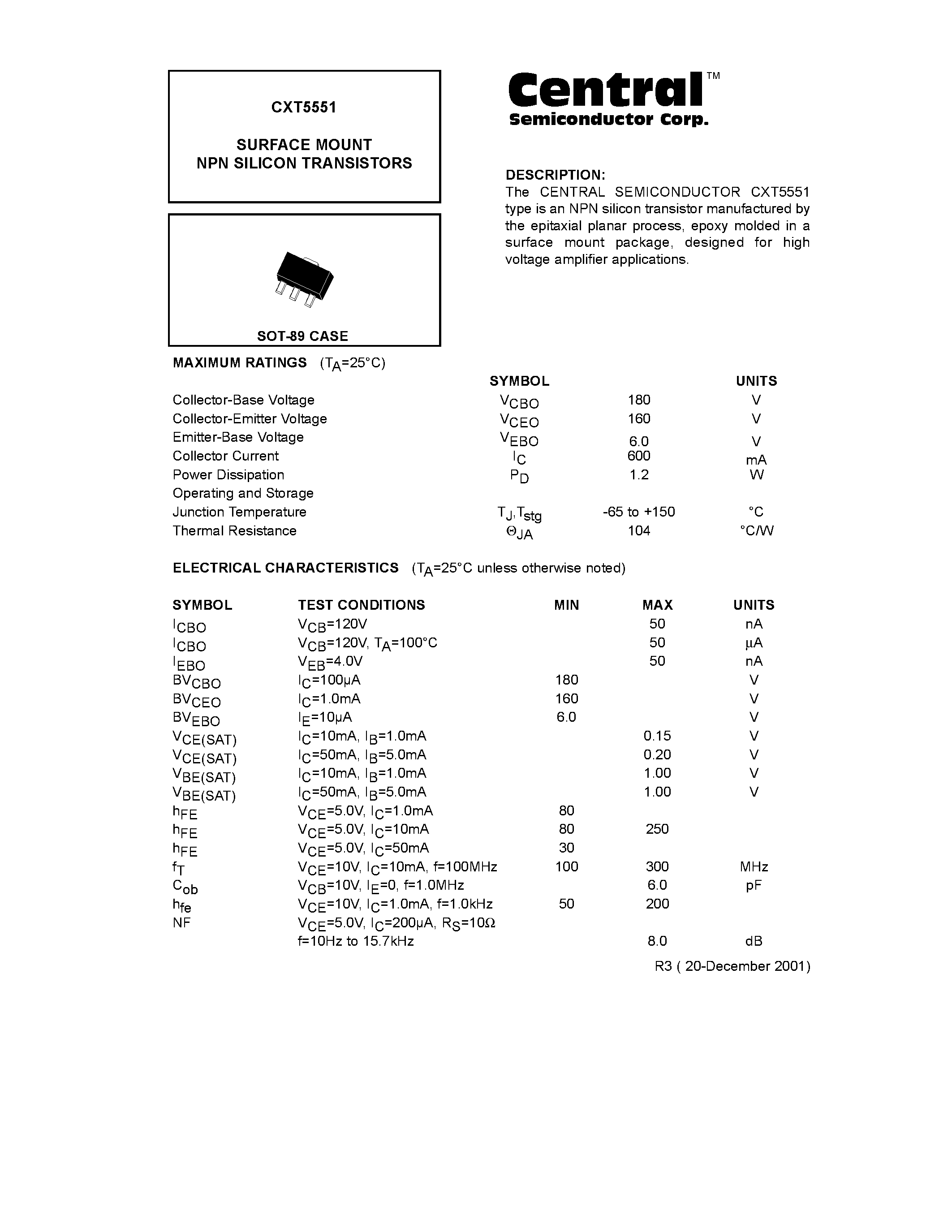 Даташит CXT5551 - SURFACE MOUNT NPN SILICON TRANSISTORS страница 1