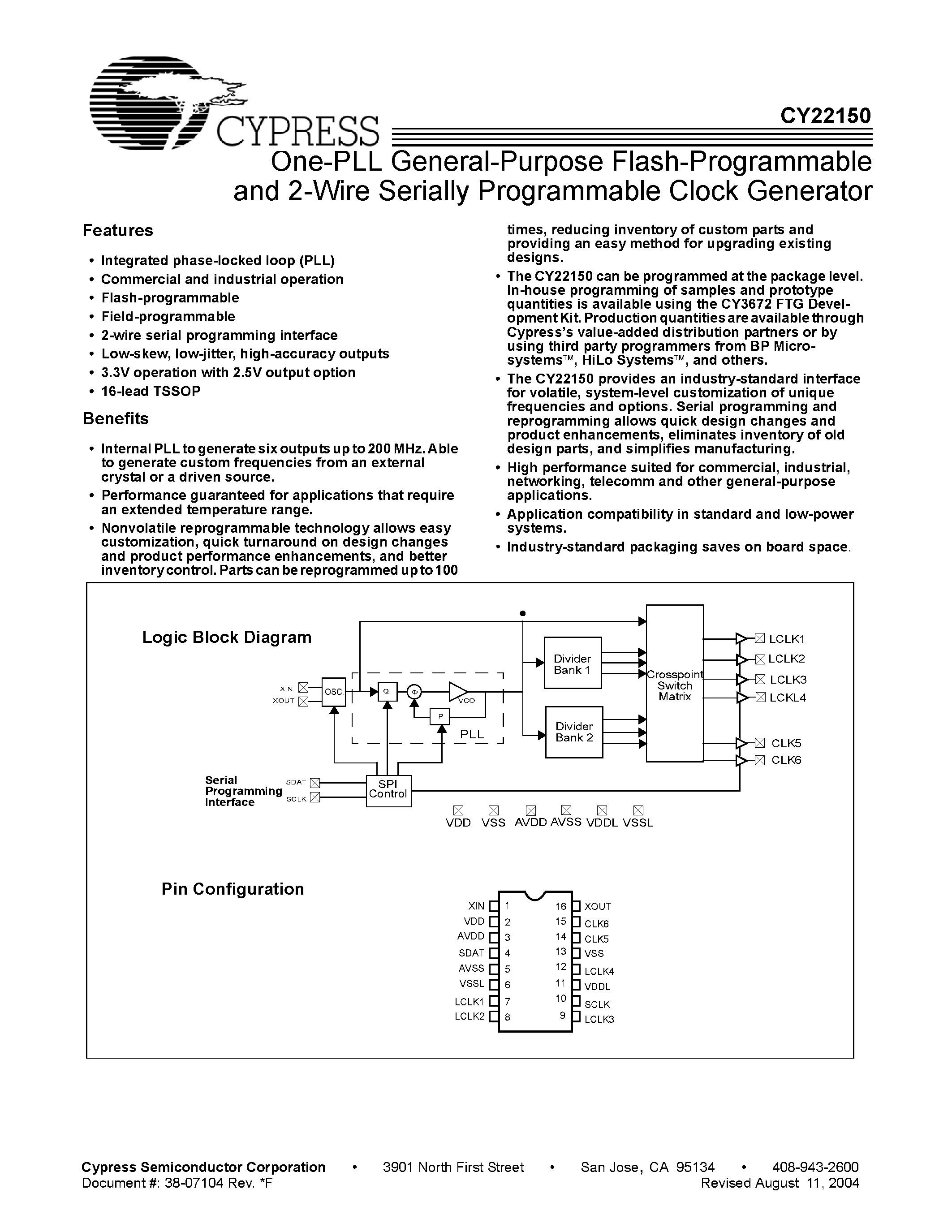 Datasheet CY22150FI - One-PLL General-Purpose Flash-Programmable and 2-Wire Serially Programmable Clock Generator page 1