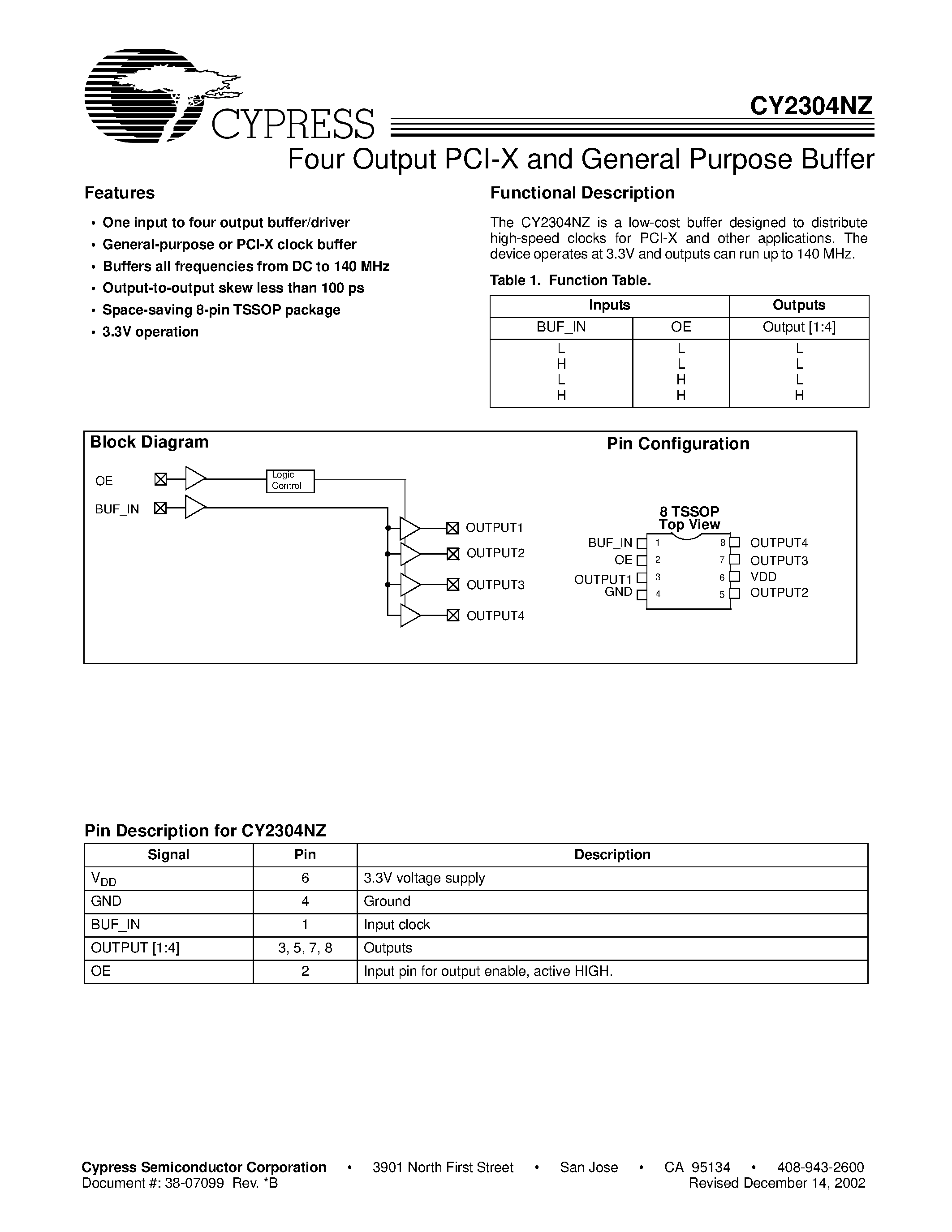 Даташит CY2304NZZC-1 - Four Output PCI-X and General Purpose Buffer страница 1