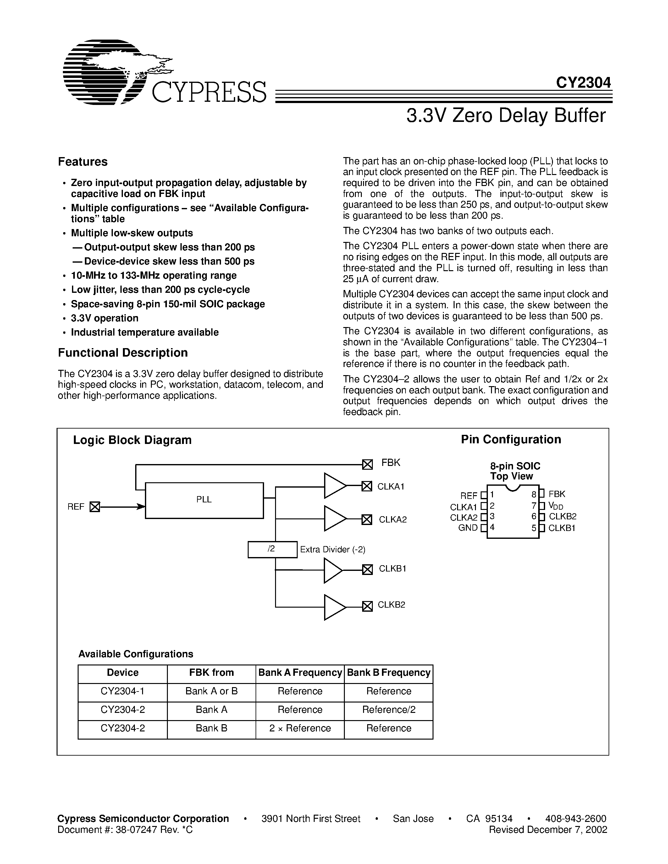 Datasheet CY2304SC-2 - 3.3V Zero Delay Buffer page 1