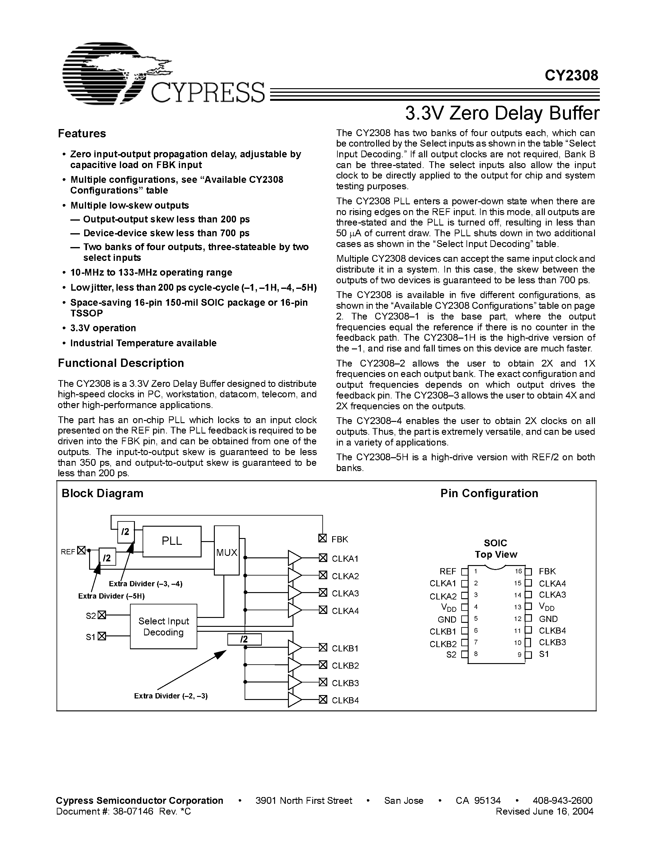 Datasheet CY2308SXI-2 - 3.3V Zero Delay Buffer page 1