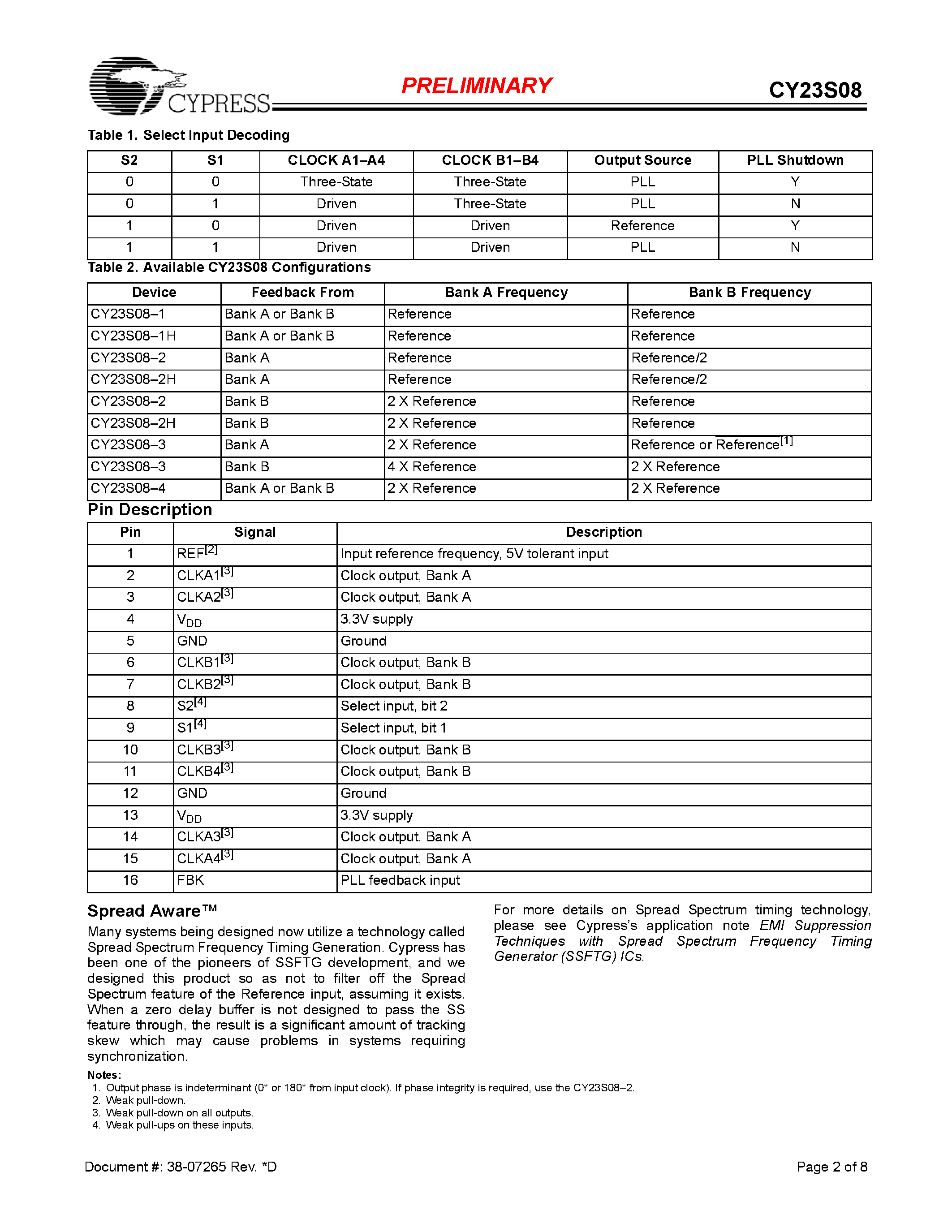 Datasheet CY23S08SC-3 page 2 Datasheet CY23S08SC-3 - 3.3V Zero Delay Buffer page 2