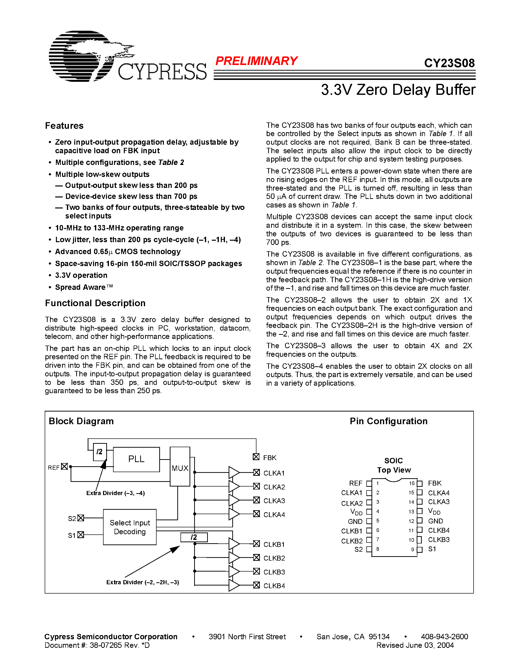Datasheet CY23S08SC-4 page 1 Datasheet CY23S08SC-4 - 3.3V Zero Delay Buffer page 1