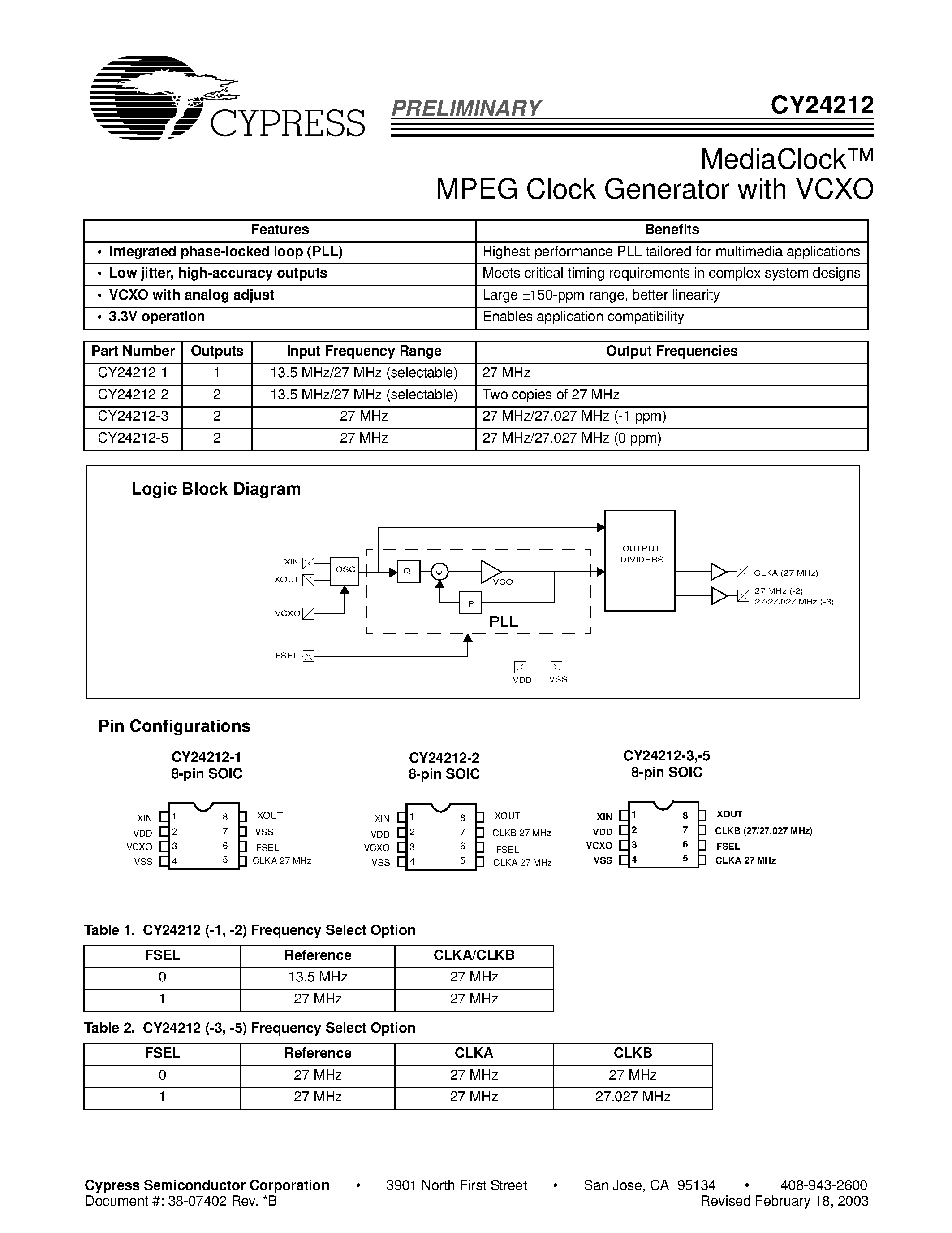 Datasheet CY24212-2 page 1 Datasheet CY24212-2 - MediaClock MPEG Clock Generator with VCXO page 1