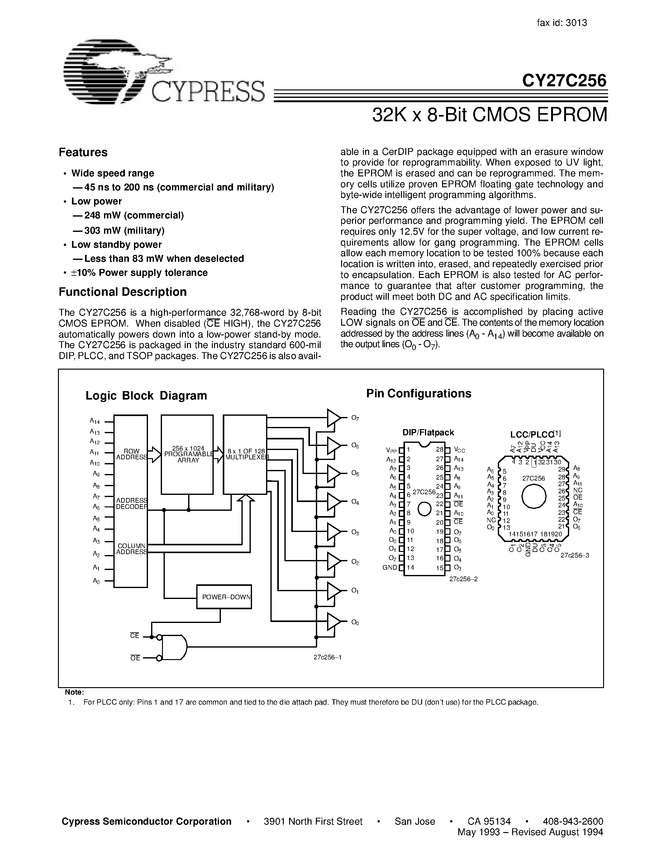 Даташит на микросхему CY27C256-55 страница 1 Даташит CY27C256-55 - 32K x 8-Bit CMOS EPROM страница 1