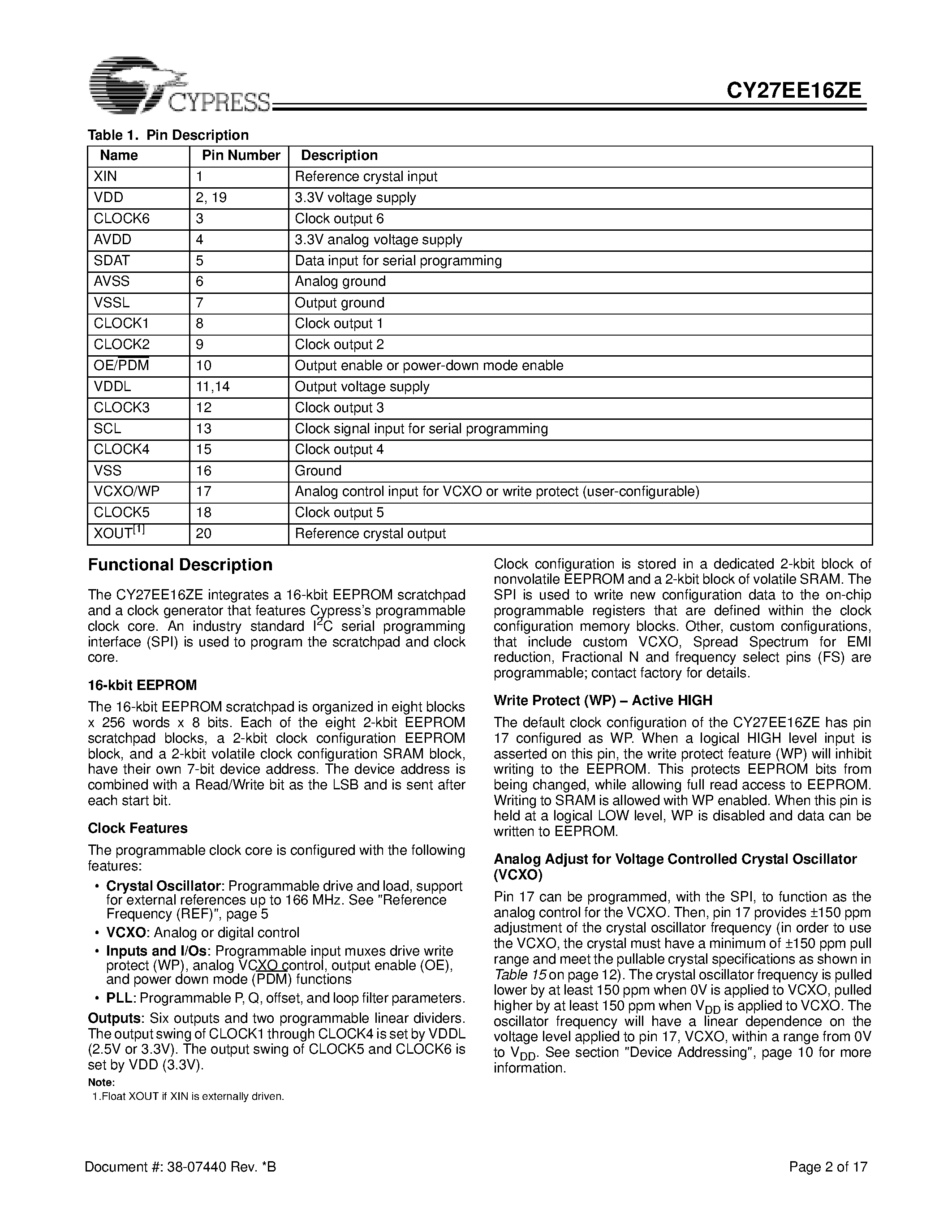 Даташит CY27EE16ZEC - 1 PLL In-System Programmable Clock Generator with Individual 16K EEPROM страница 2