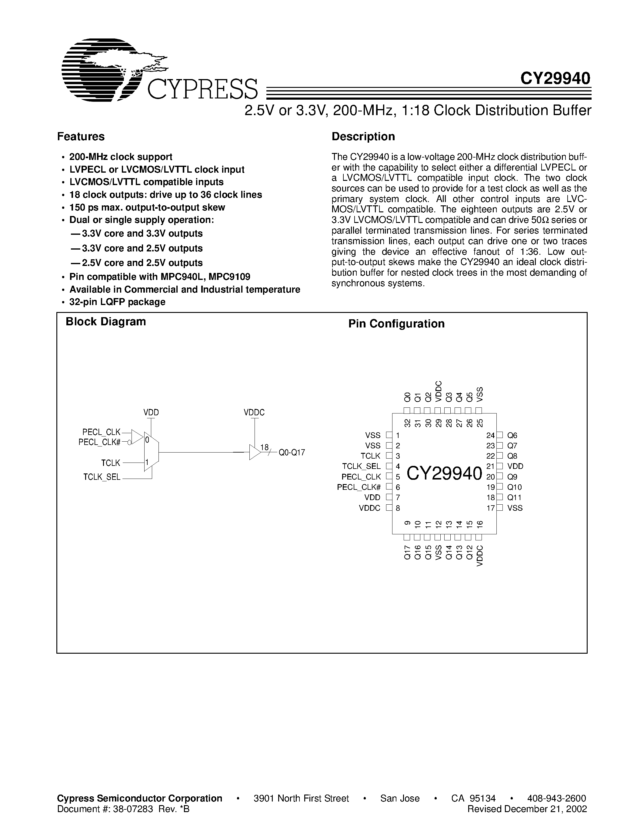 Datasheet CY29940AC - 2.5V or 3.3V/ 200-MHz/ 1:18 Clock Distribution Buffer page 1
