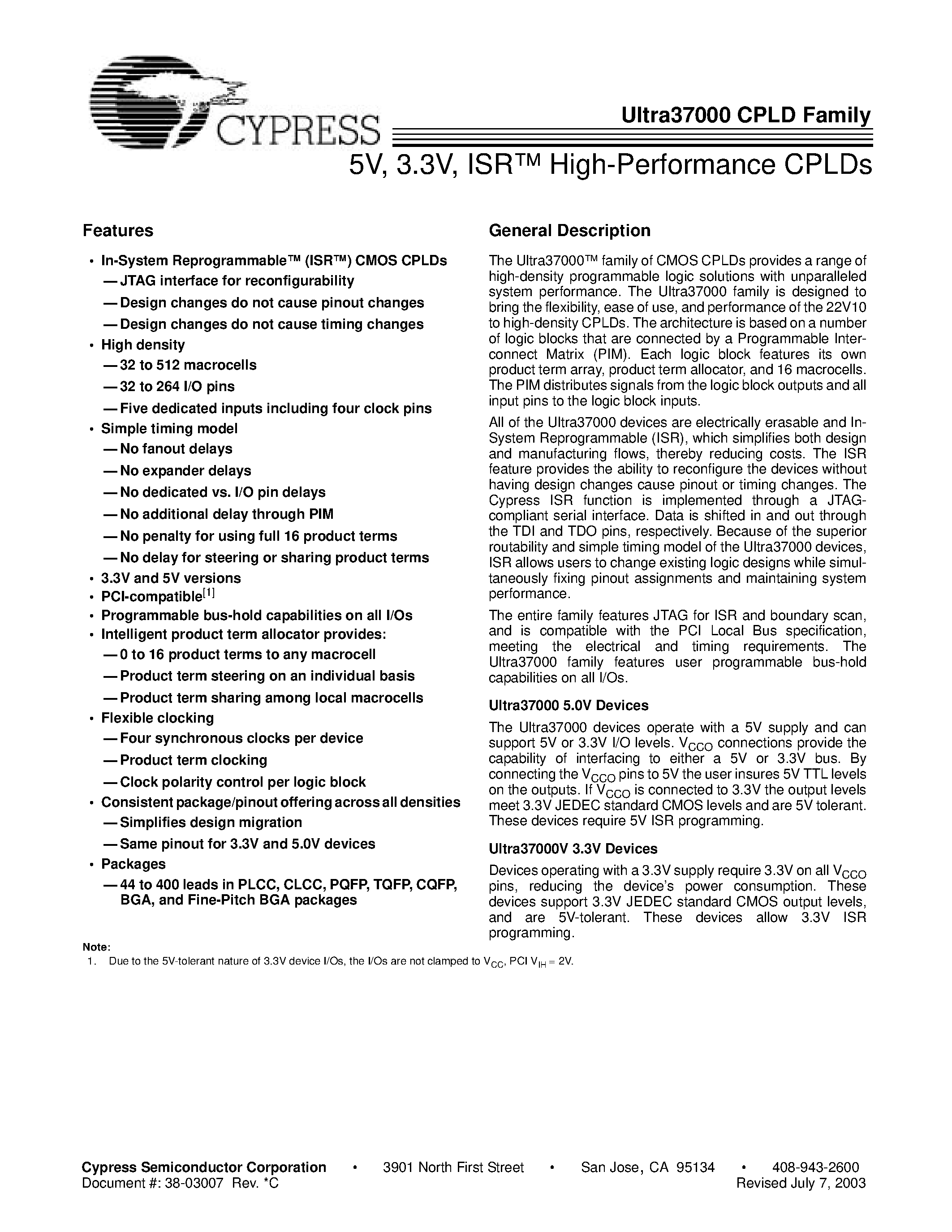 Datasheet CY37128P100-167AC - 5V/ 3.3V/ ISR High-Performance CPLDs page 1