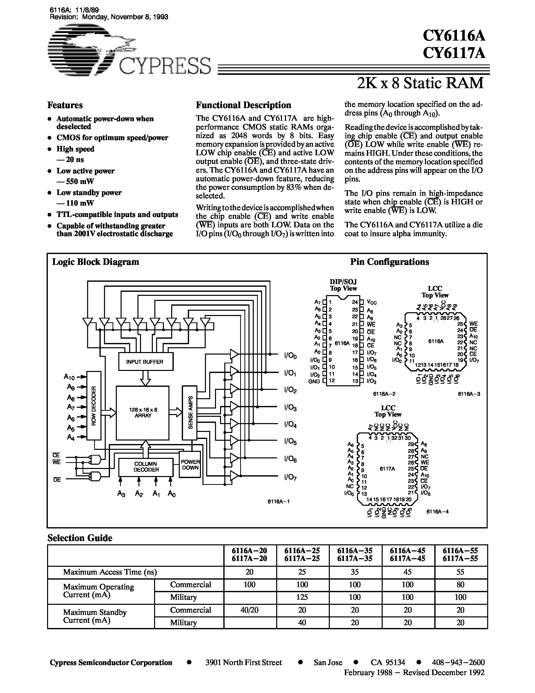 Даташит на микросхему CY6116A-20PC страница 1 Даташит CY6116A-20PC - 2K x 8 Static RAM страница 1