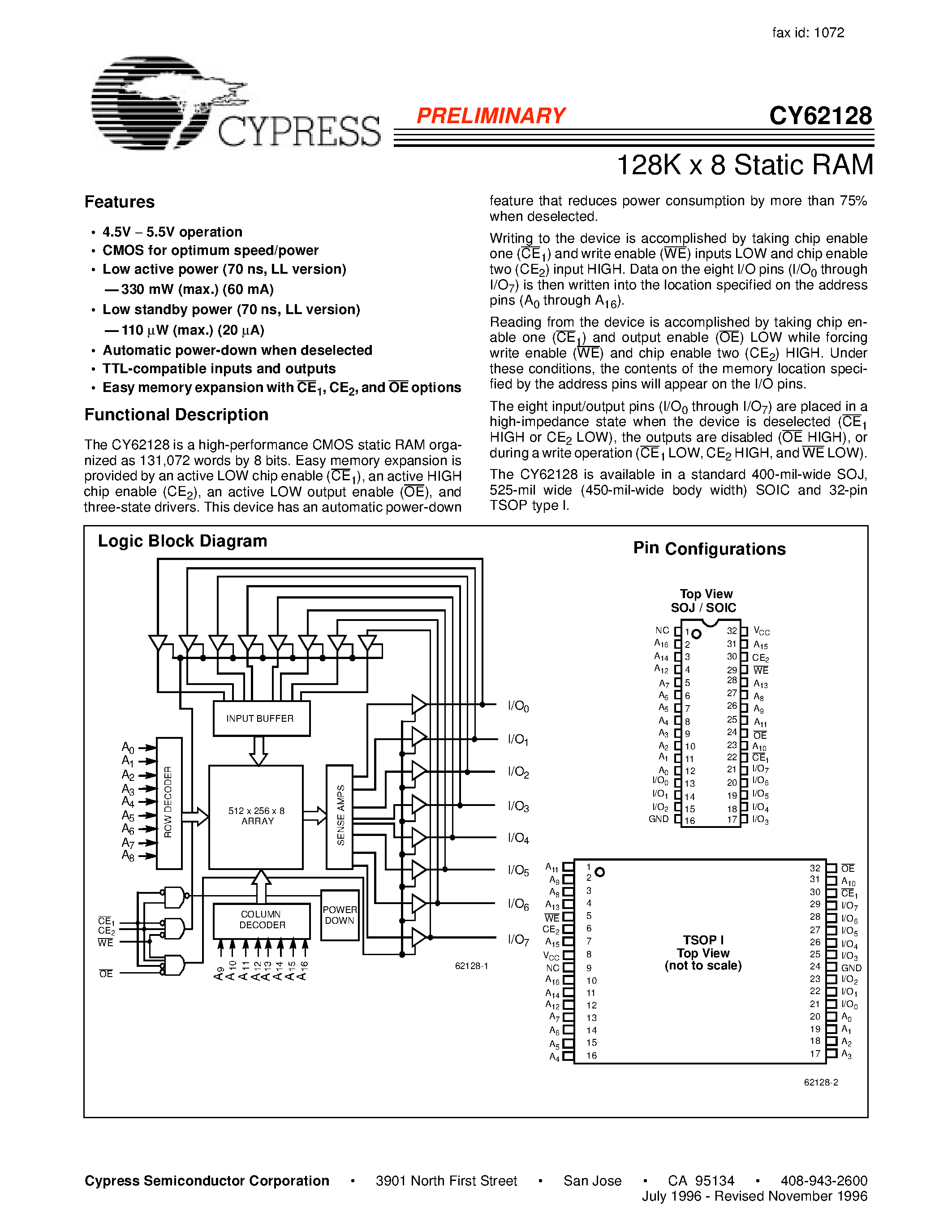 Даташит CY62128L-70SC - 128K x 8 Static RAM страница 1