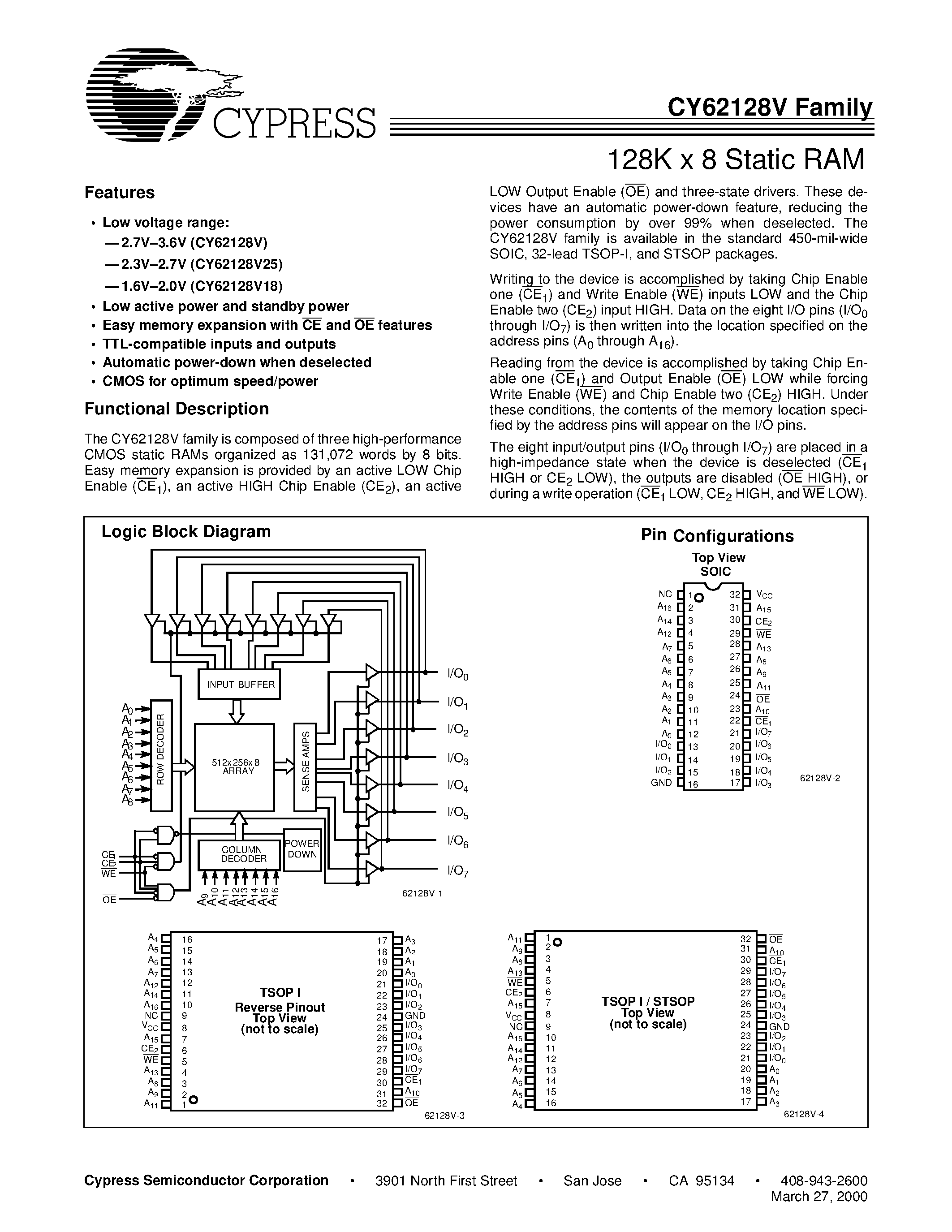 Даташит на микросхему CY62128VLL-70SI страница 1 Даташит CY62128VLL-70SI - 128K x 8 Static RAM страница 1