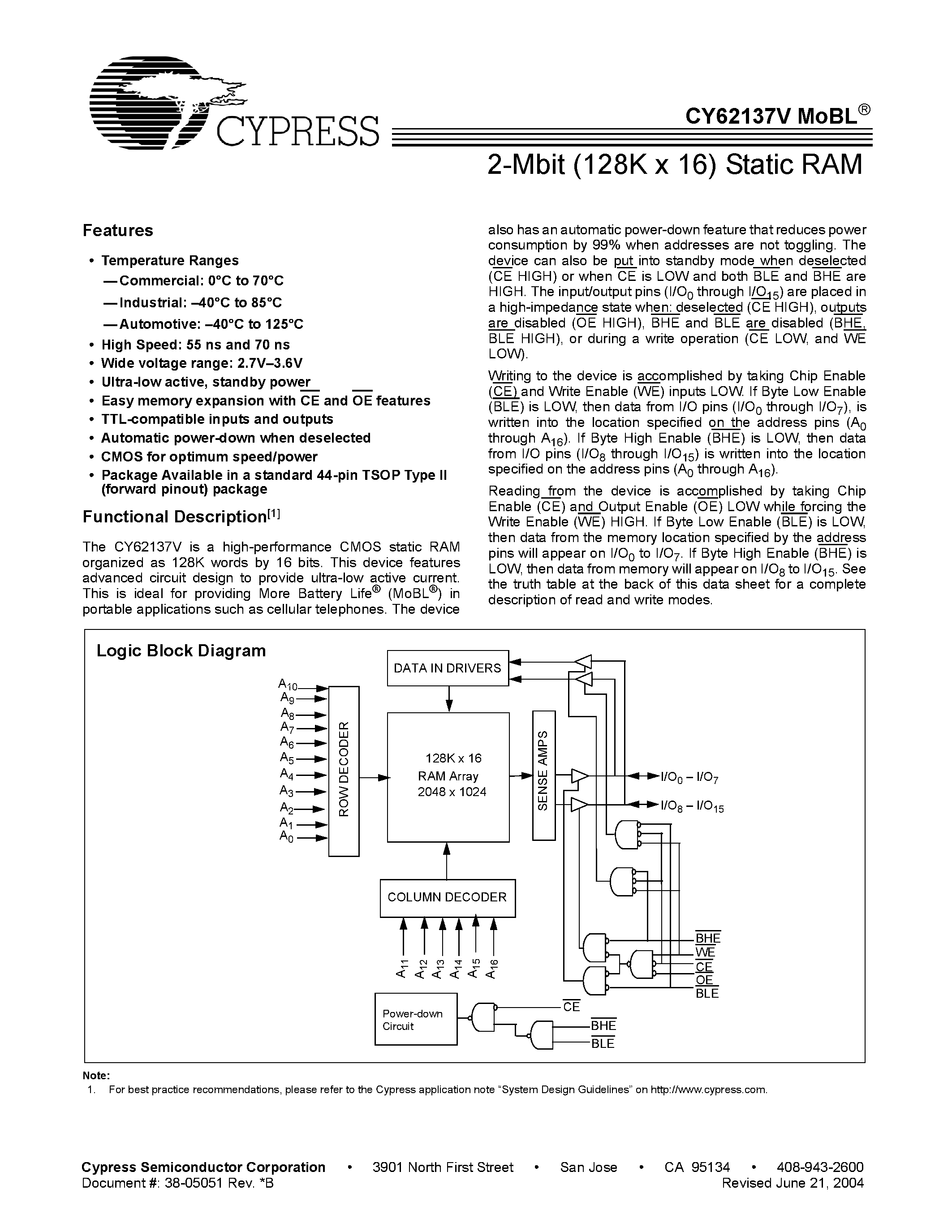 Даташит на микросхему CY62137VLL-55ZI страница 1 Даташит CY62137VLL-55ZI - 2-Mbit (128K x 16) Static RAM страница 1