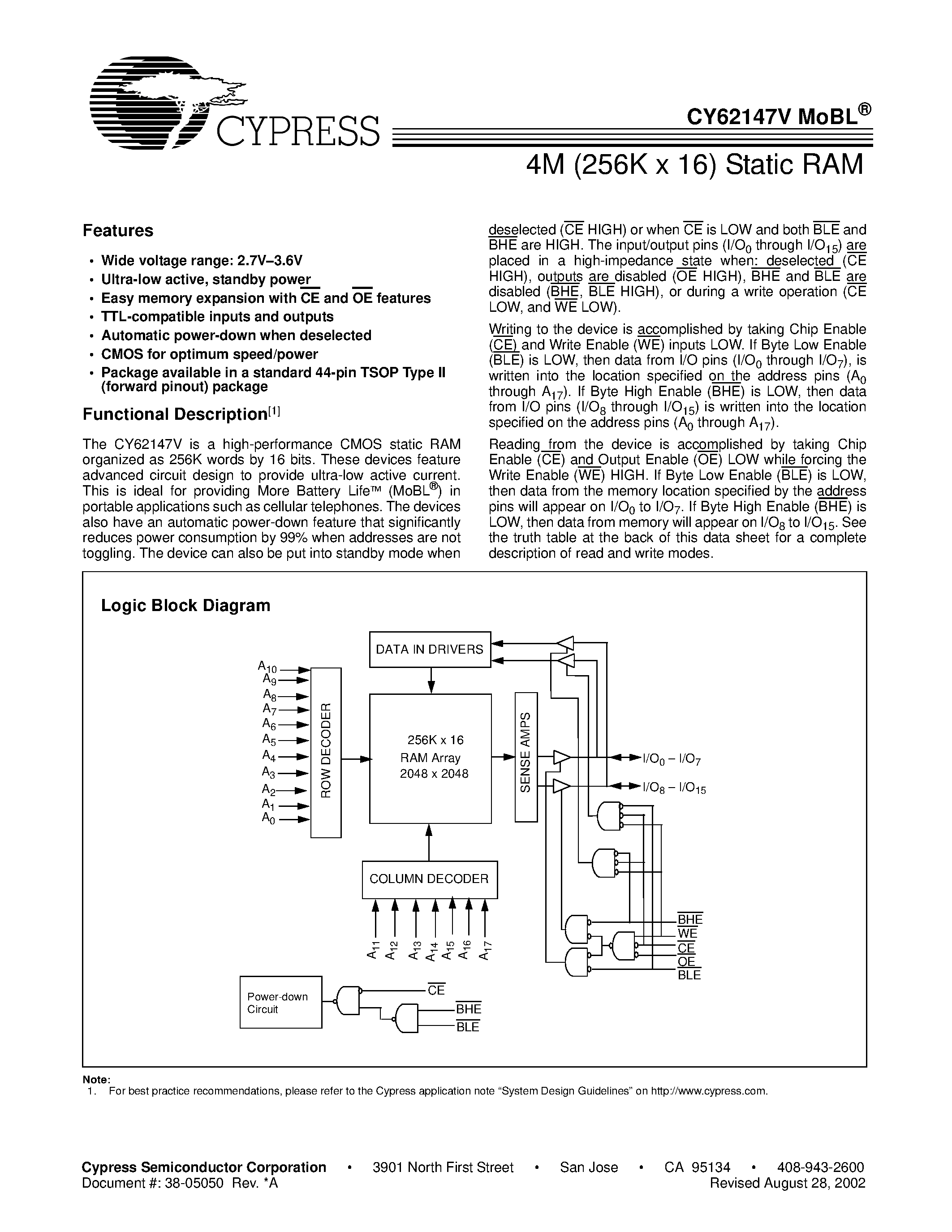 Даташит на микросхему CY62147VLL-70ZI страница 1 Даташит CY62147VLL-70ZI - 4M (256K x 16) Static RAM страница 1