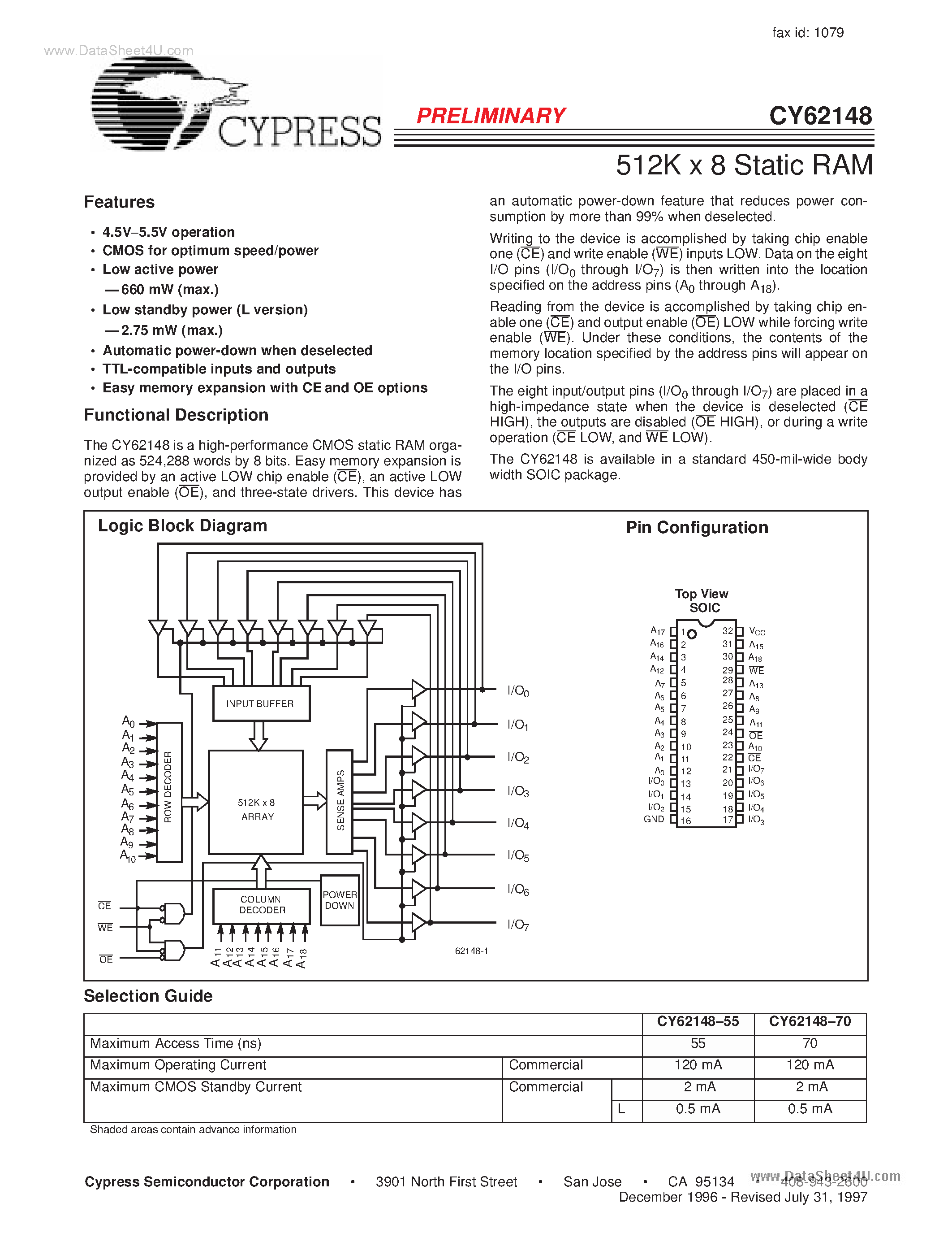 Даташит CY62148-70SC - 512K x 8 MoBL Static RAM страница 1