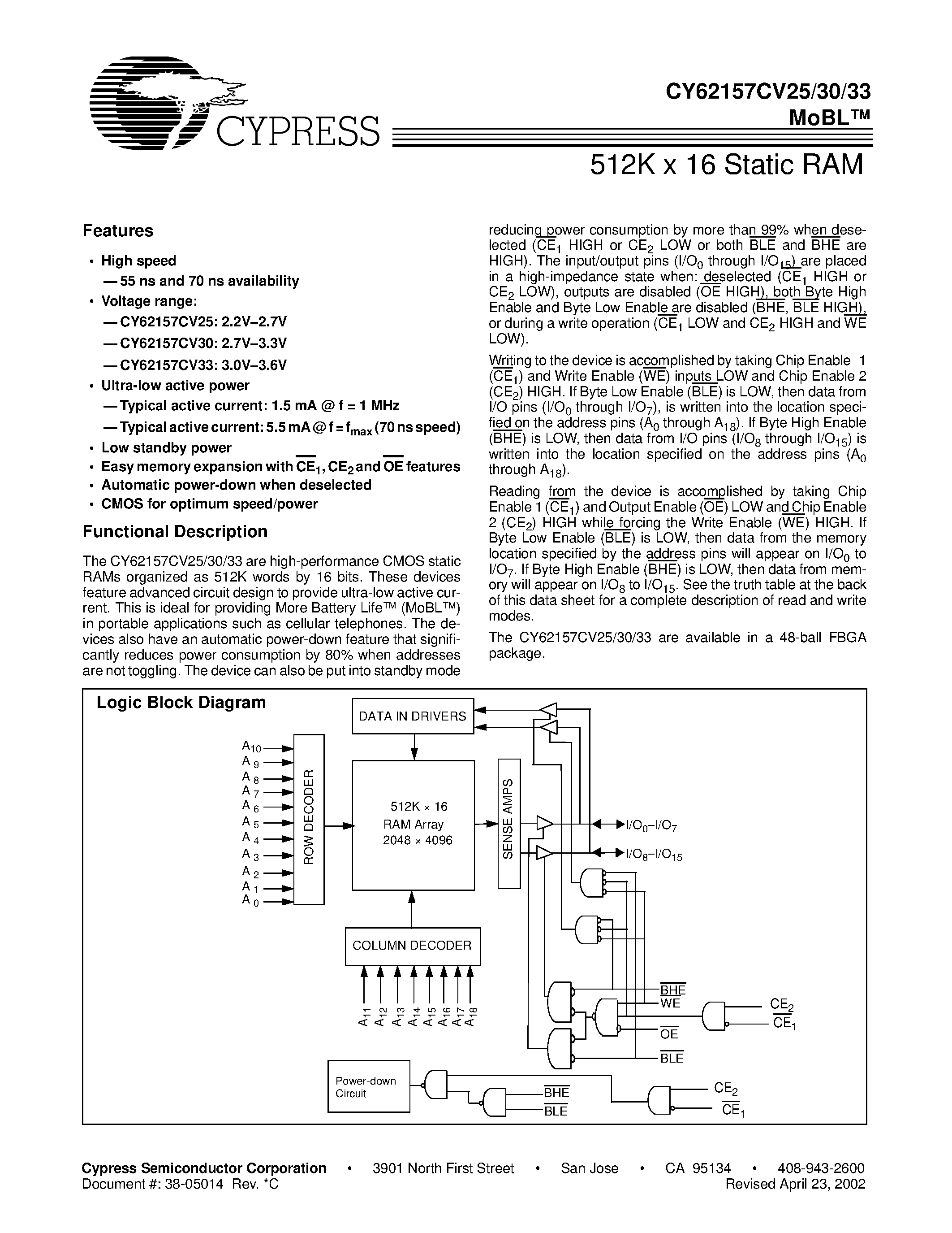 Даташит на микросхему CY62157CV33LL-55BAI страница 1 Даташит CY62157CV33LL-55BAI - 512K x 16 Static RAM страница 1