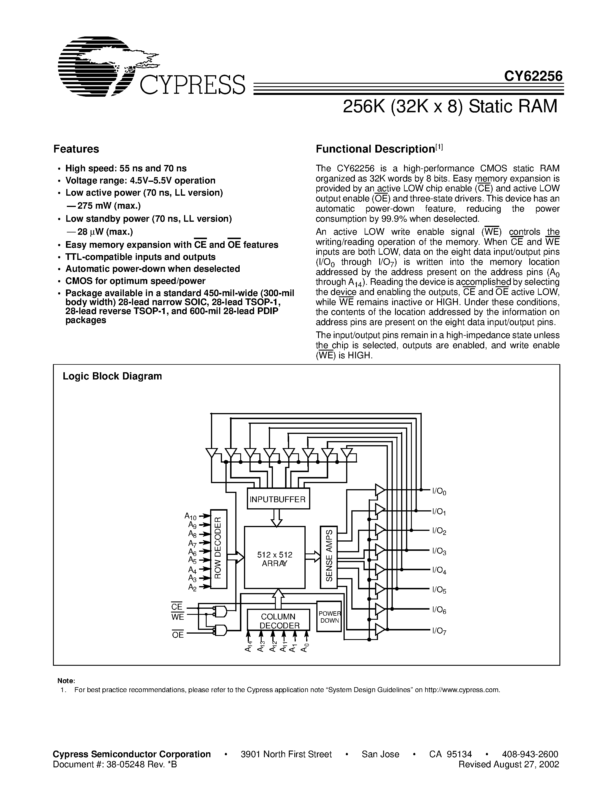 Даташит на микросхему CY62256LL-70ZRC страница 1 Даташит CY62256LL-70ZRC - 256K (32K x 8) Static RAM страница 1