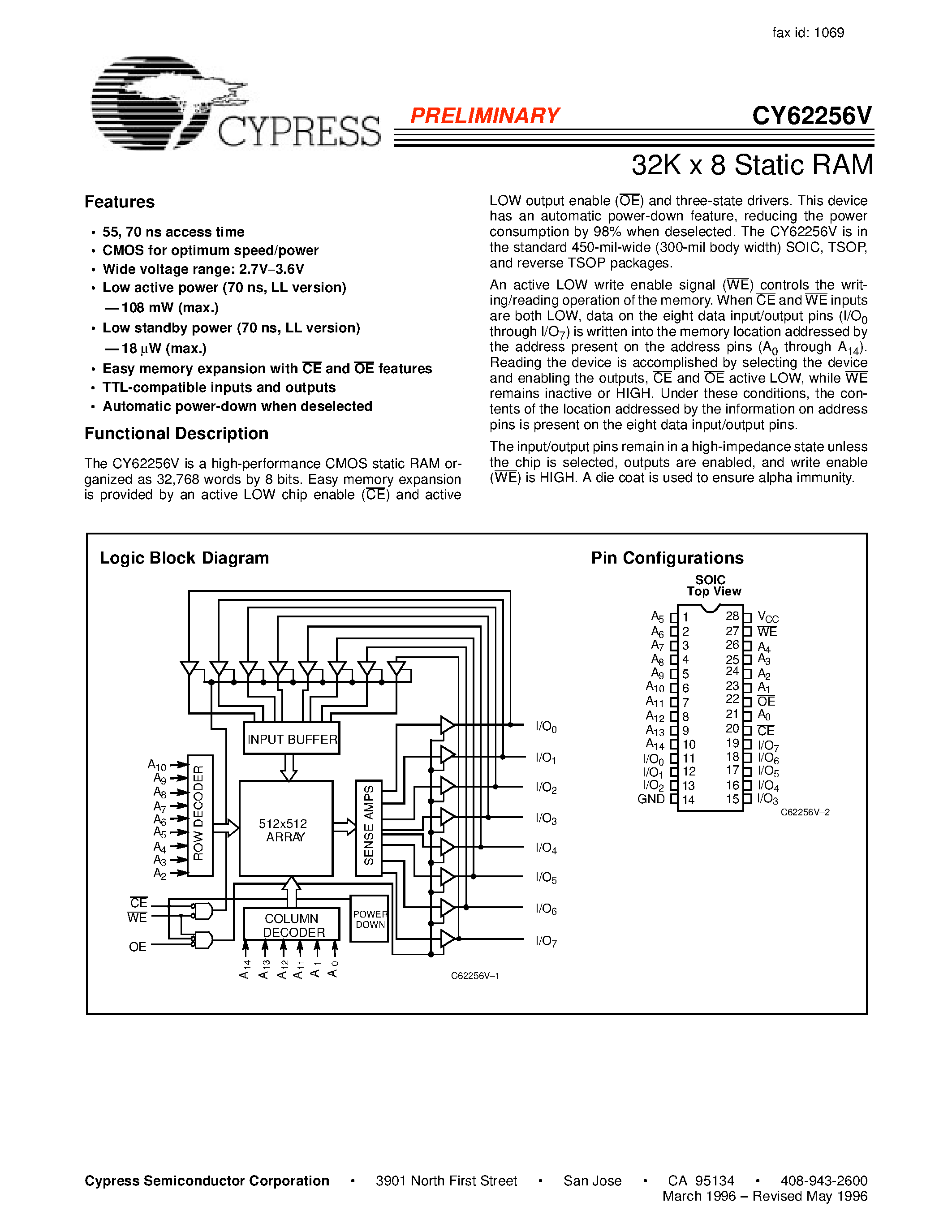Даташит на микросхему CY62256VL-70SNC страница 1 Даташит CY62256VL-70SNC - 32K x 8 Static RAM страница 1