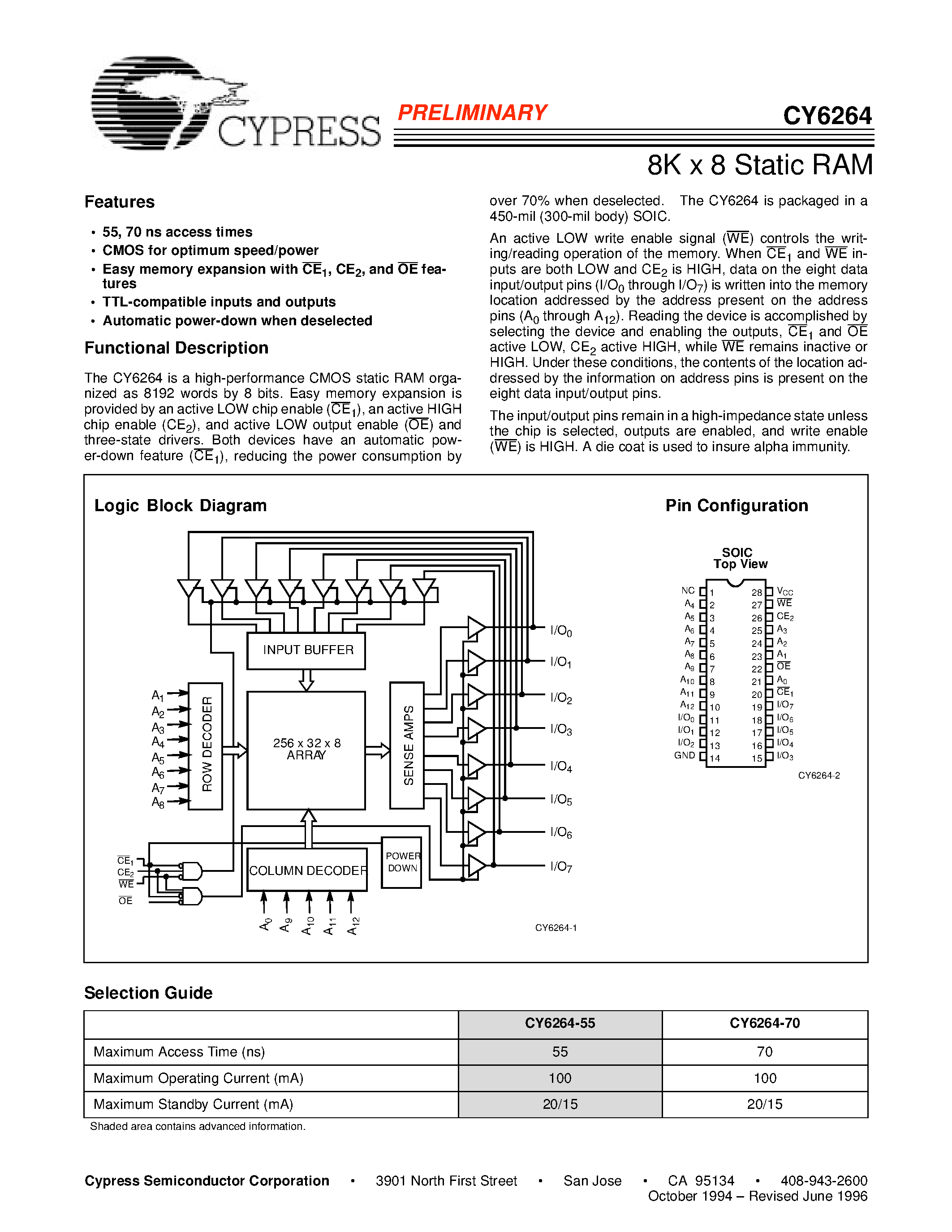 Даташит на микросхему CY6264-70SC страница 1 Даташит CY6264-70SC - 8K x 8 Static RAM страница 1