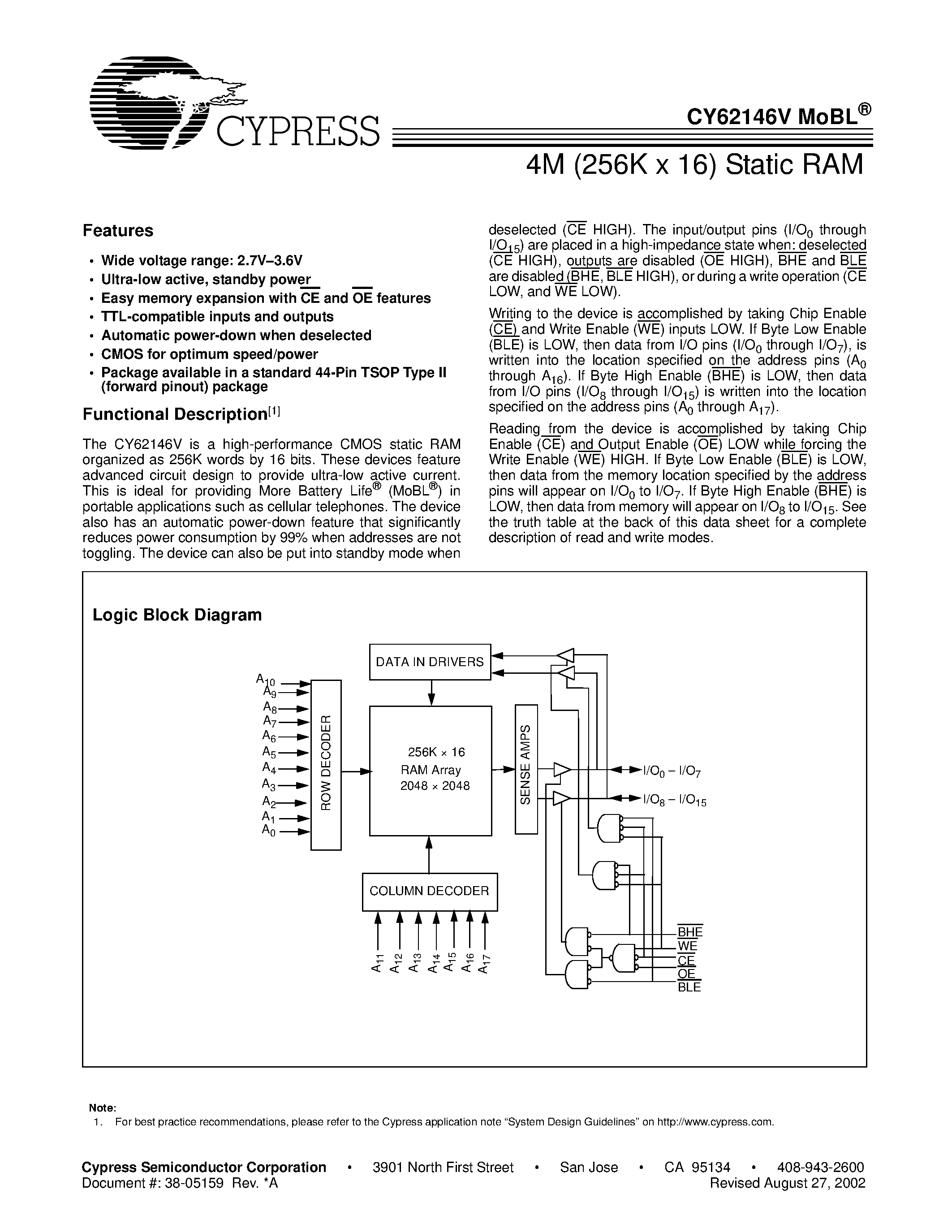 Даташит на микросхему CY64146V страница 1 Даташит CY64146V - 4M (256K x 16) Static RAM страница 1
