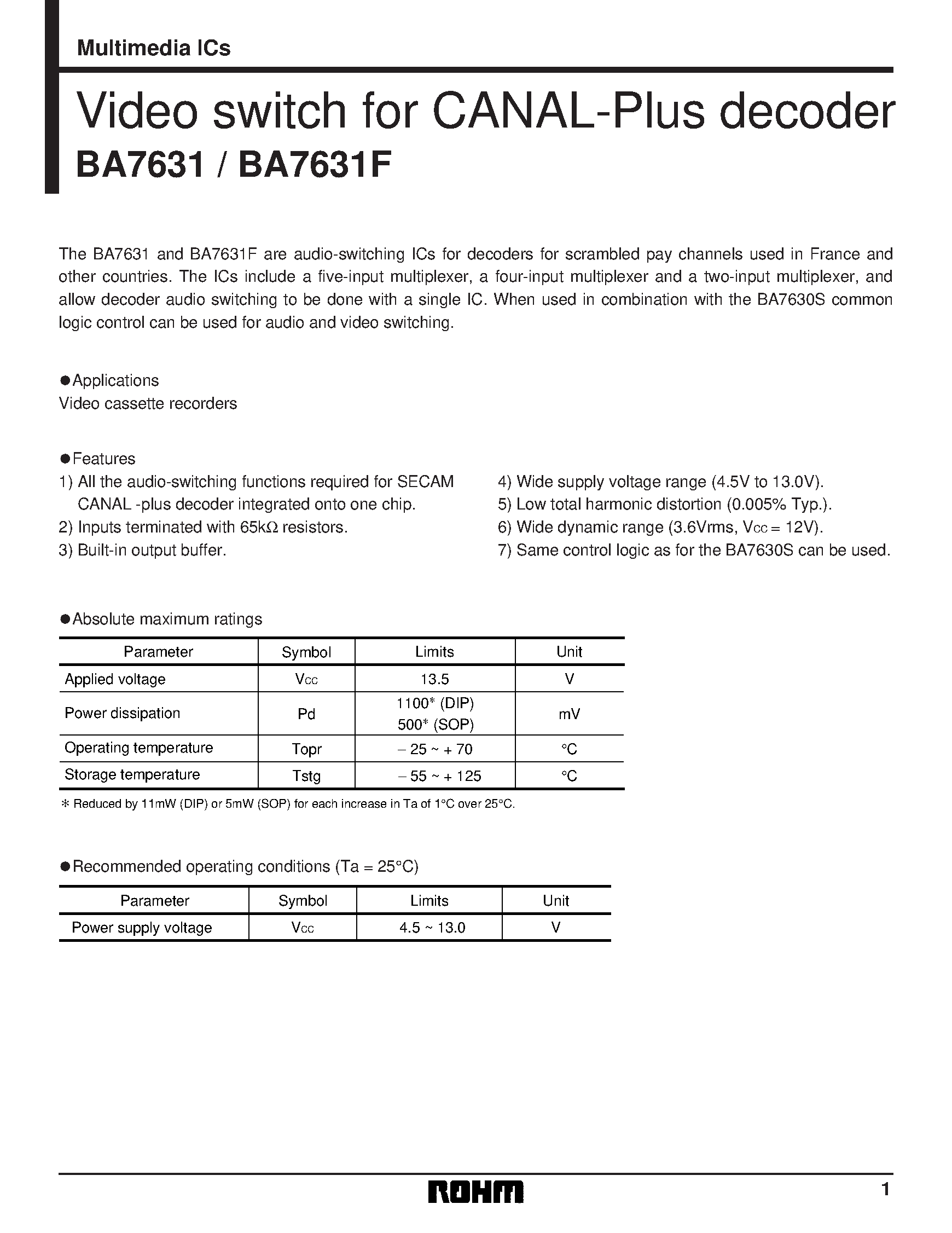 Даташит на микросхему BA7631F страница 1 Даташит BA7631F - Video switch for CANAL-Plus decoder страница 1