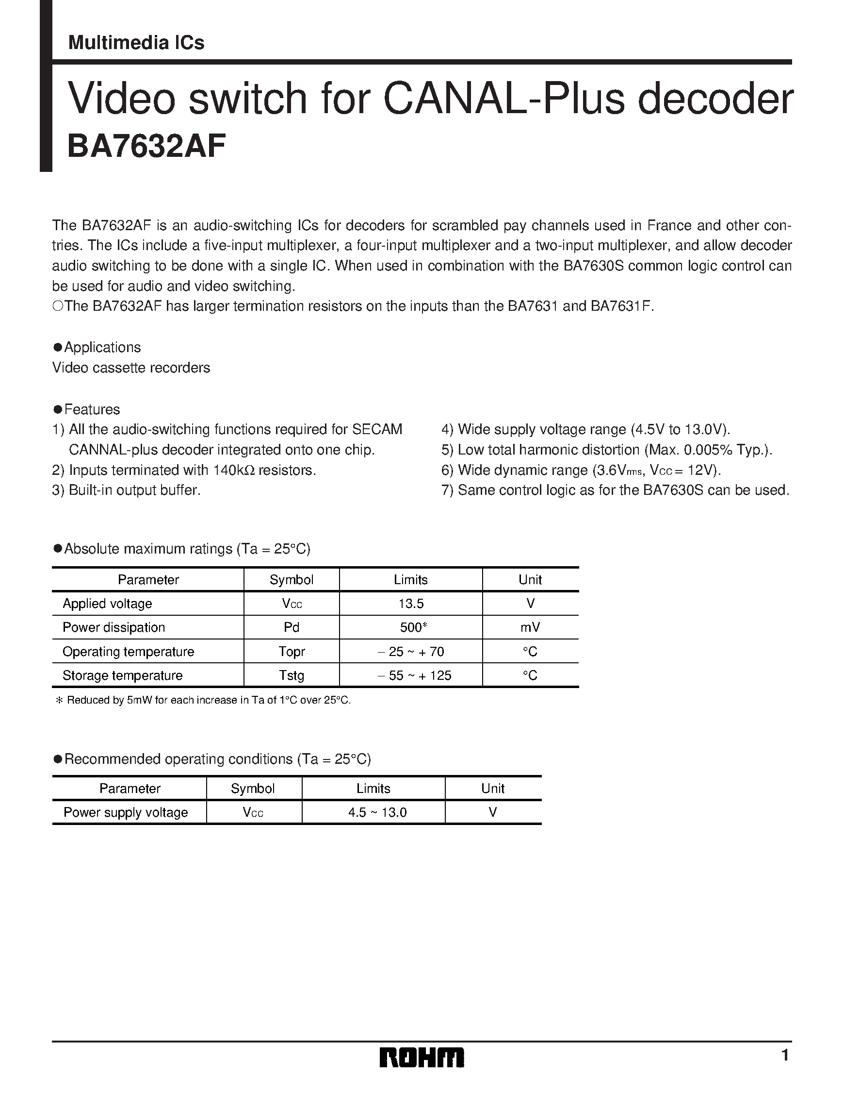 Даташит на микросхему BA7632 страница 1 Даташит BA7632 - Video switch for CANAL-Plus decoder страница 1