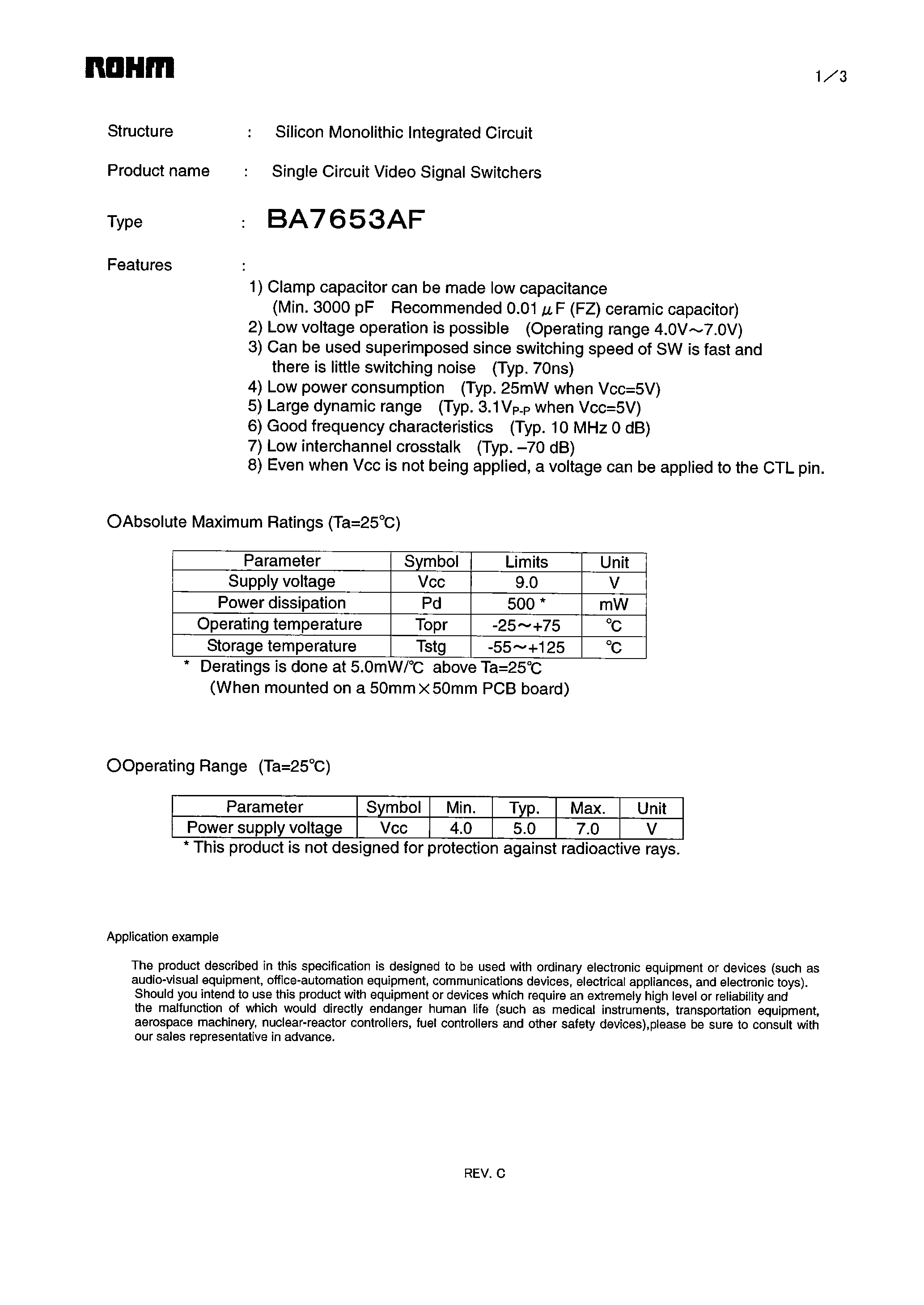 Datasheet BA7653AF page 1 Datasheet BA7653AF - Video signal switcher/ 1 x 3-channel with clamped-input page 1