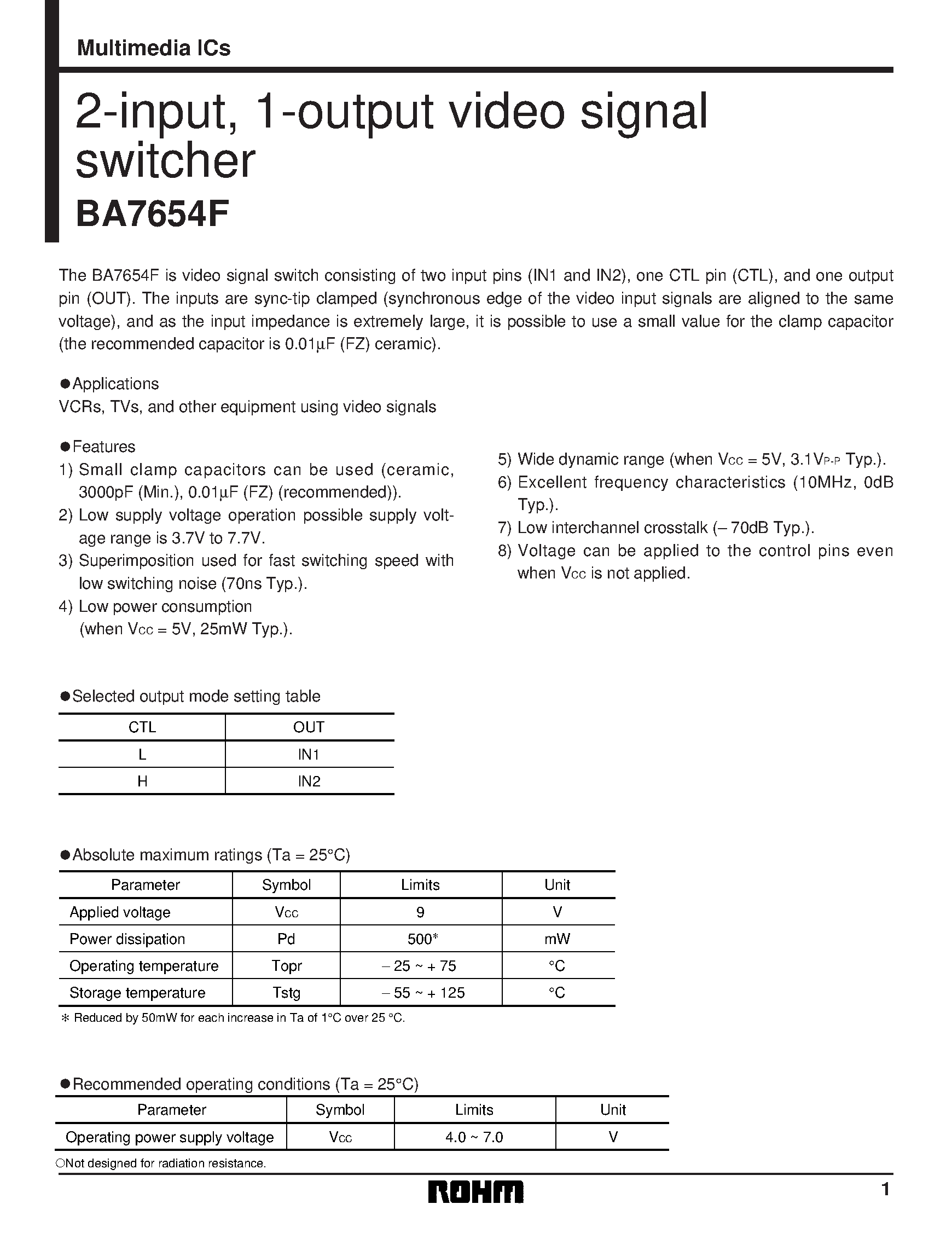 Даташит BA7654F - 2-input/ 1-output video signal switcher страница 1