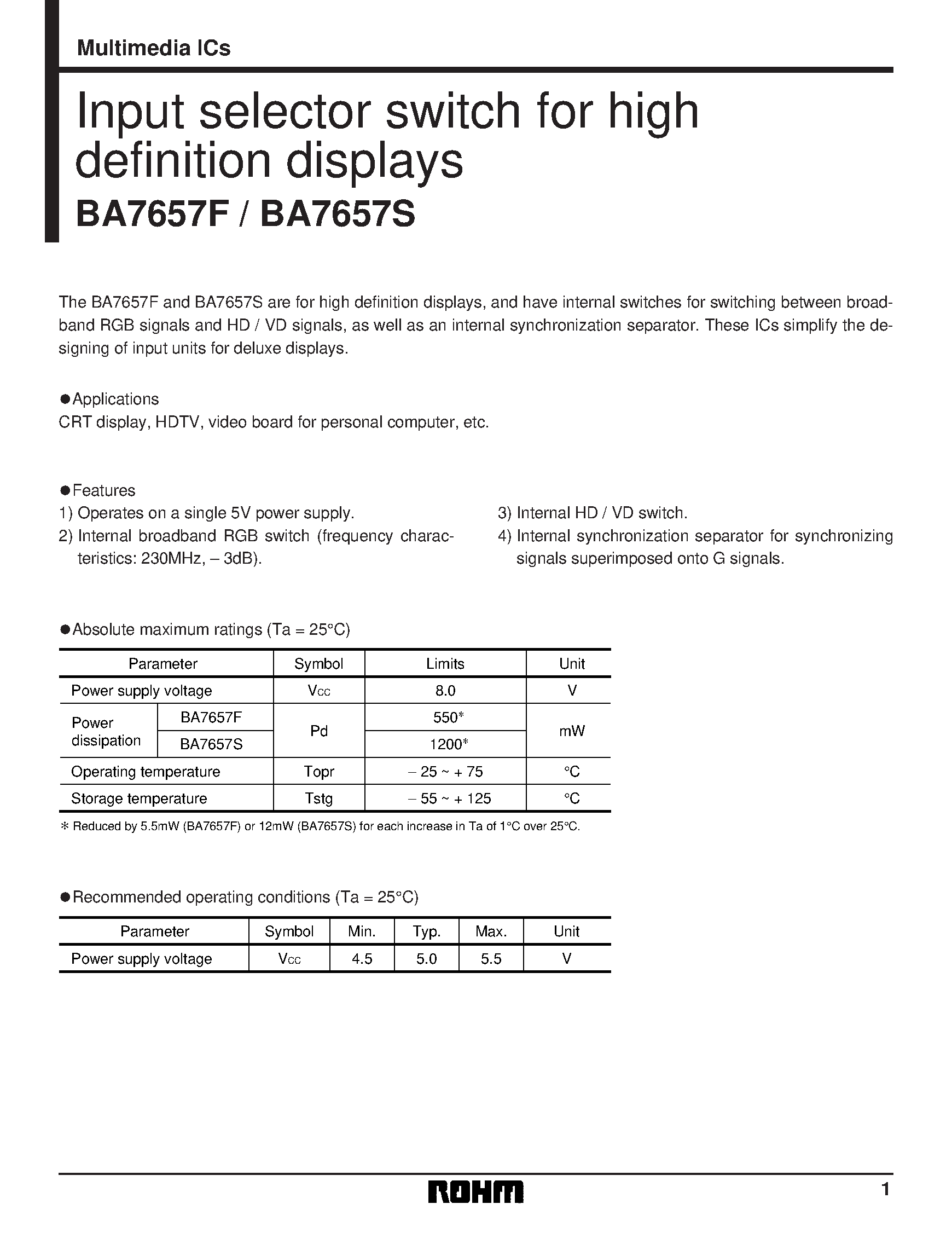 Даташит на микросхему BA7657S страница 1 Даташит BA7657S - Input selector switch for high definition displays страница 1