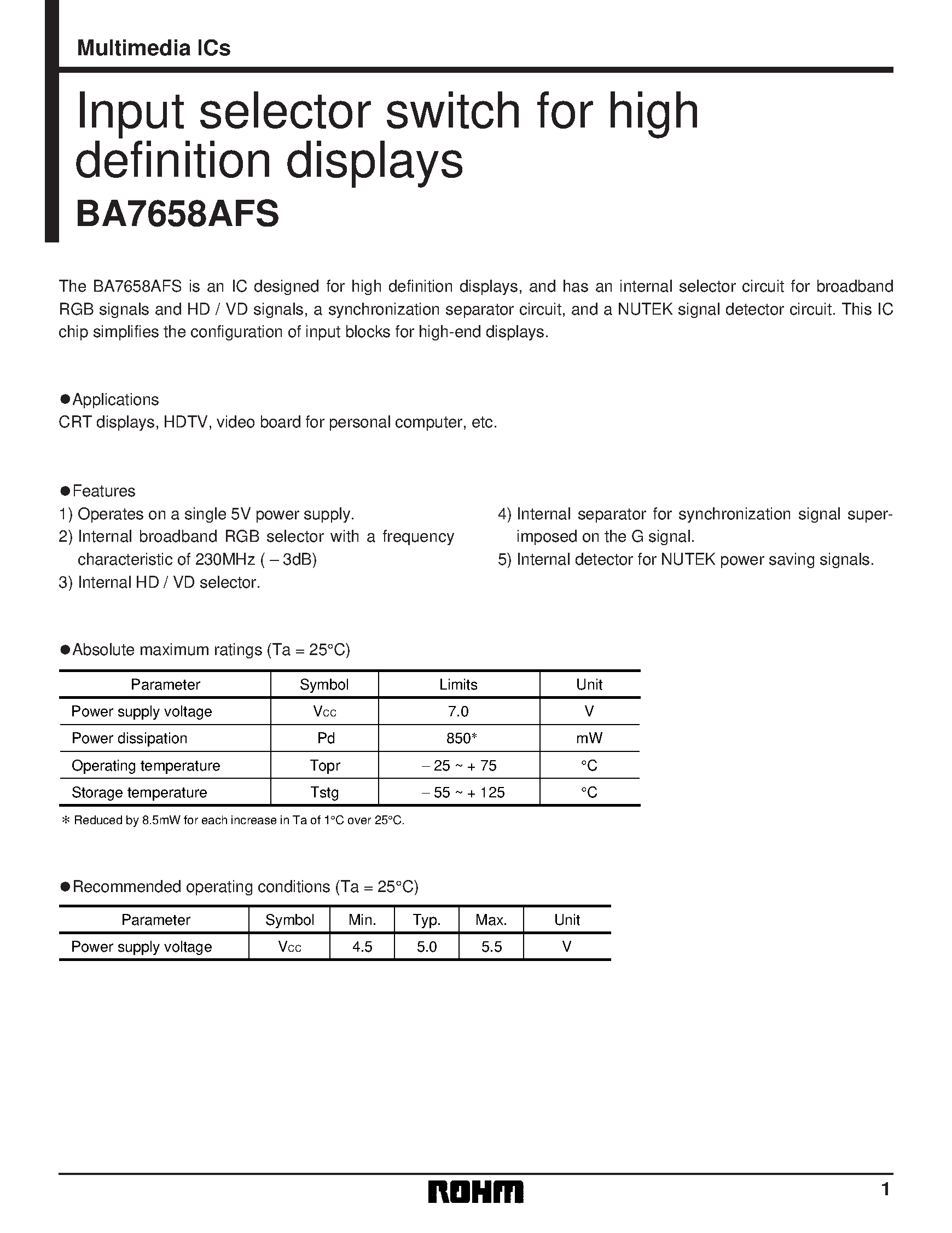 Даташит на микросхему BA7658AFS страница 1 Даташит BA7658AFS - Input selector switch for high definition displays страница 1