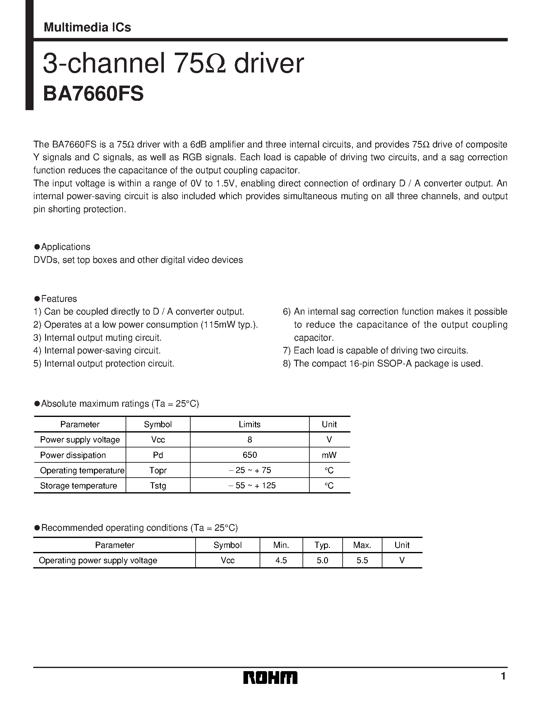 Datasheet BA7660FS page 1 Datasheet BA7660FS - 3-channel 75 driver page 1