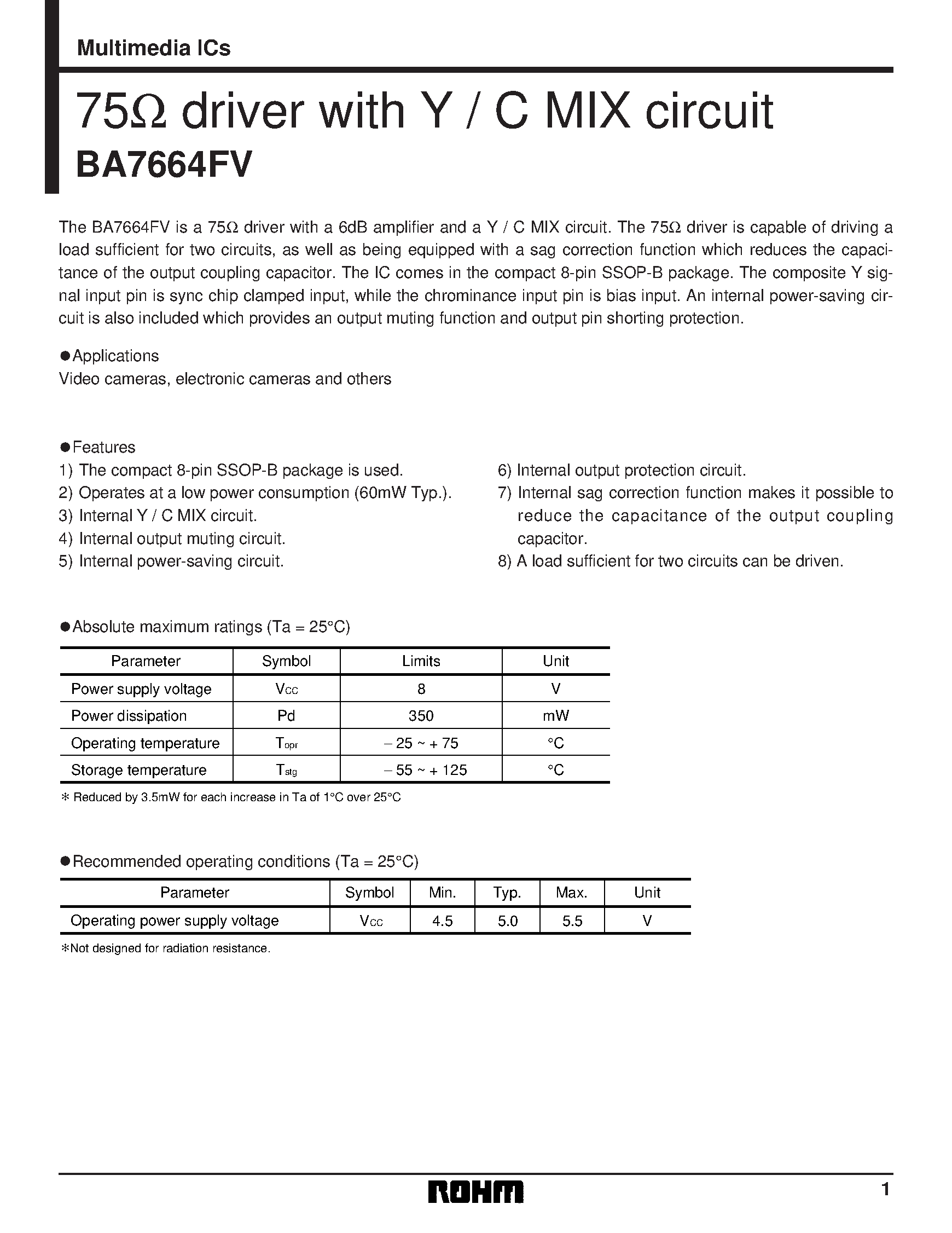 Datasheet BA7664FV - 75 driver with Y / C MIX circuit page 1