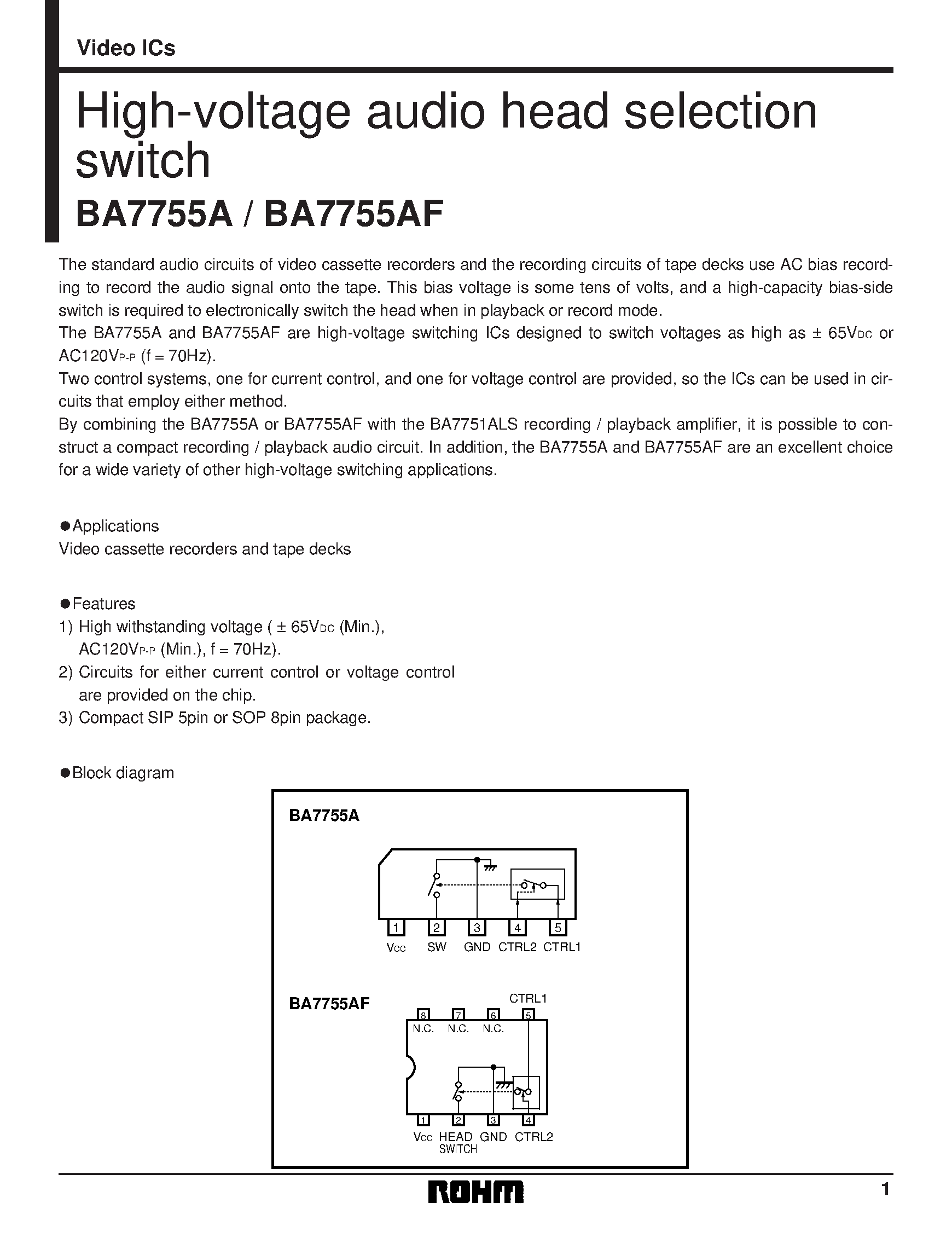 Даташит на микросхему BA7755AF страница 1 Даташит BA7755AF - High-voltage audio head selection switch страница 1