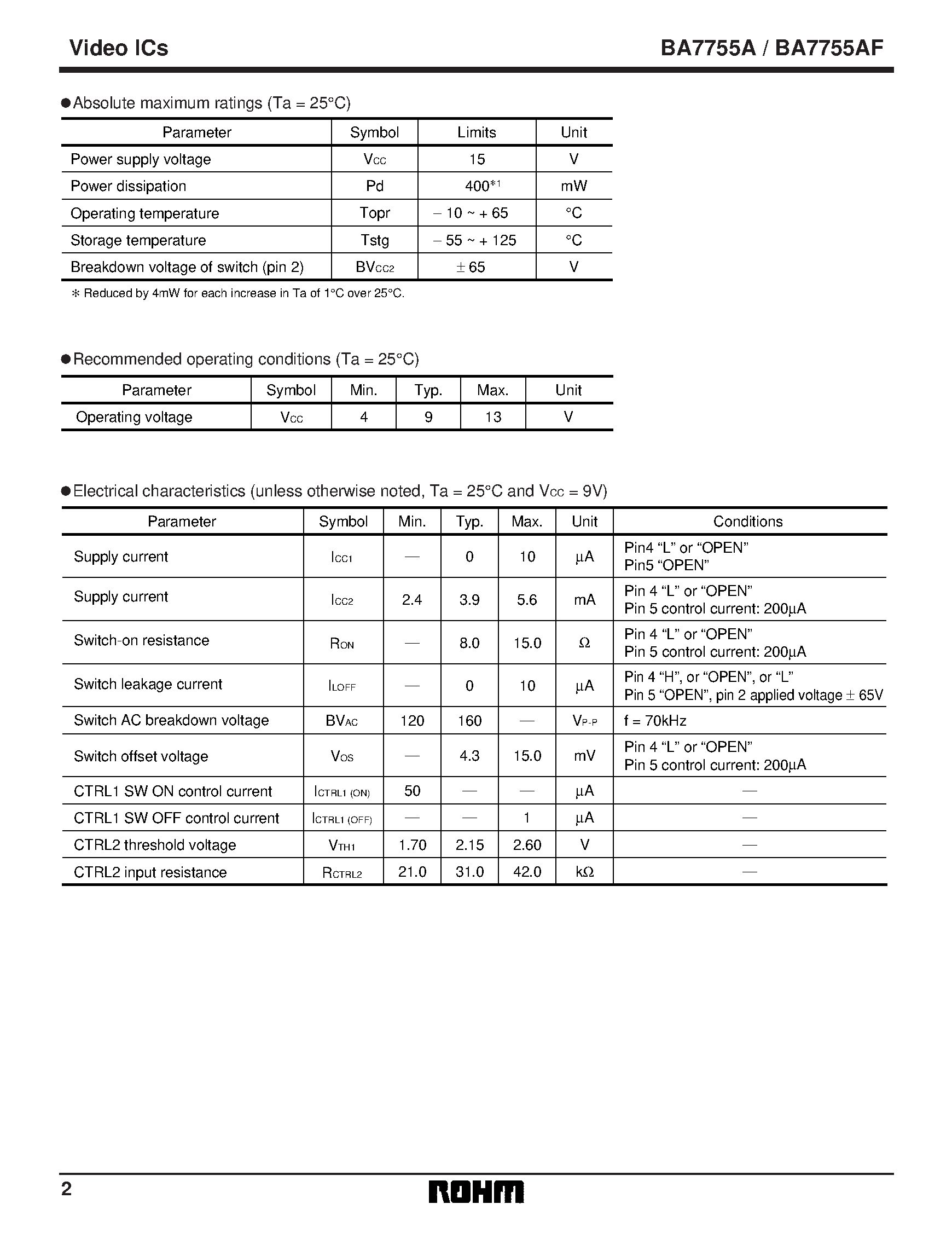 Даташит на микросхему BA7755AF страница 2 Даташит BA7755AF - High-voltage audio head selection switch страница 2