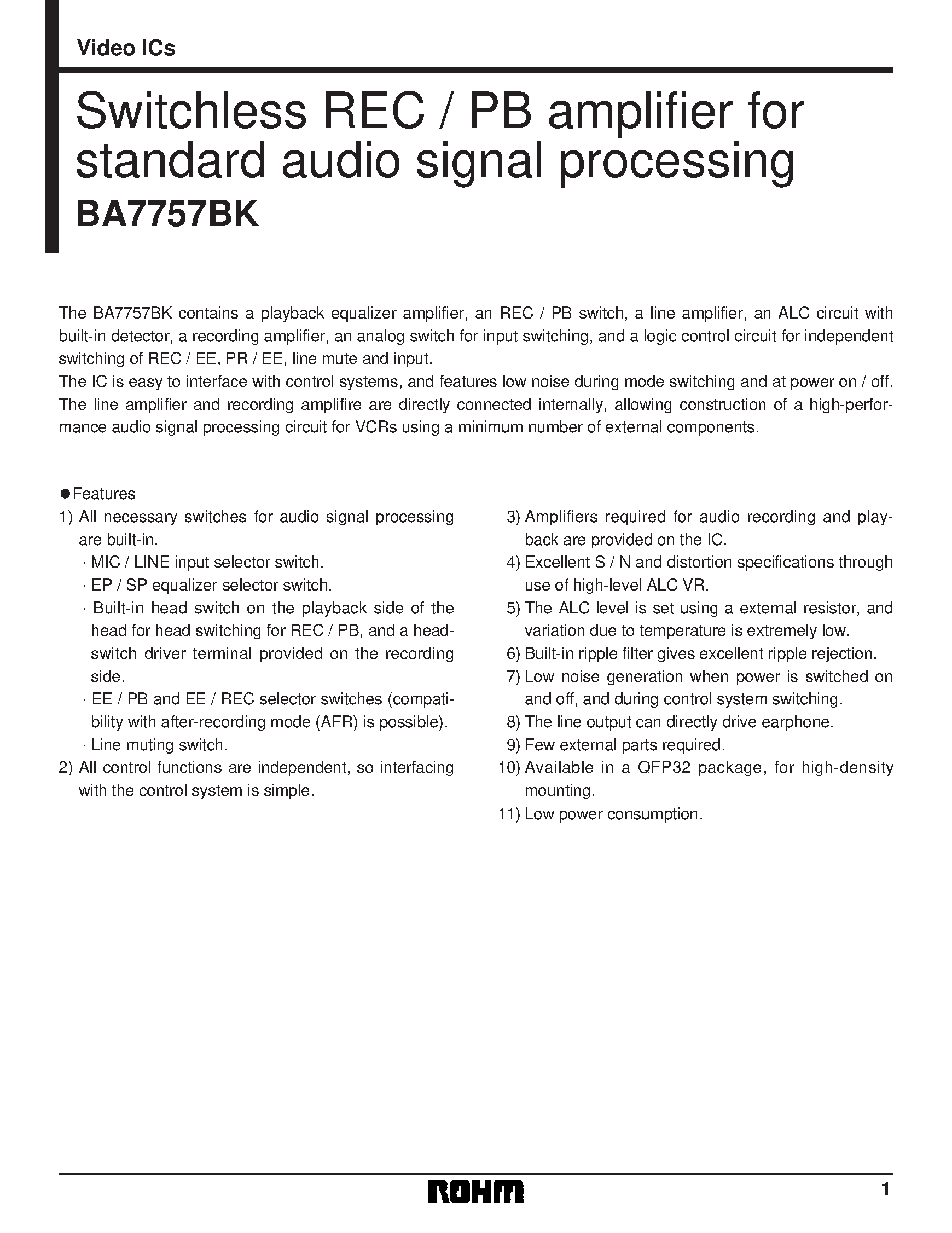 Даташит на микросхему BA7757 страница 1 Даташит BA7757 - Switchless REC / PB amplifier for standard audio signal processing страница 1