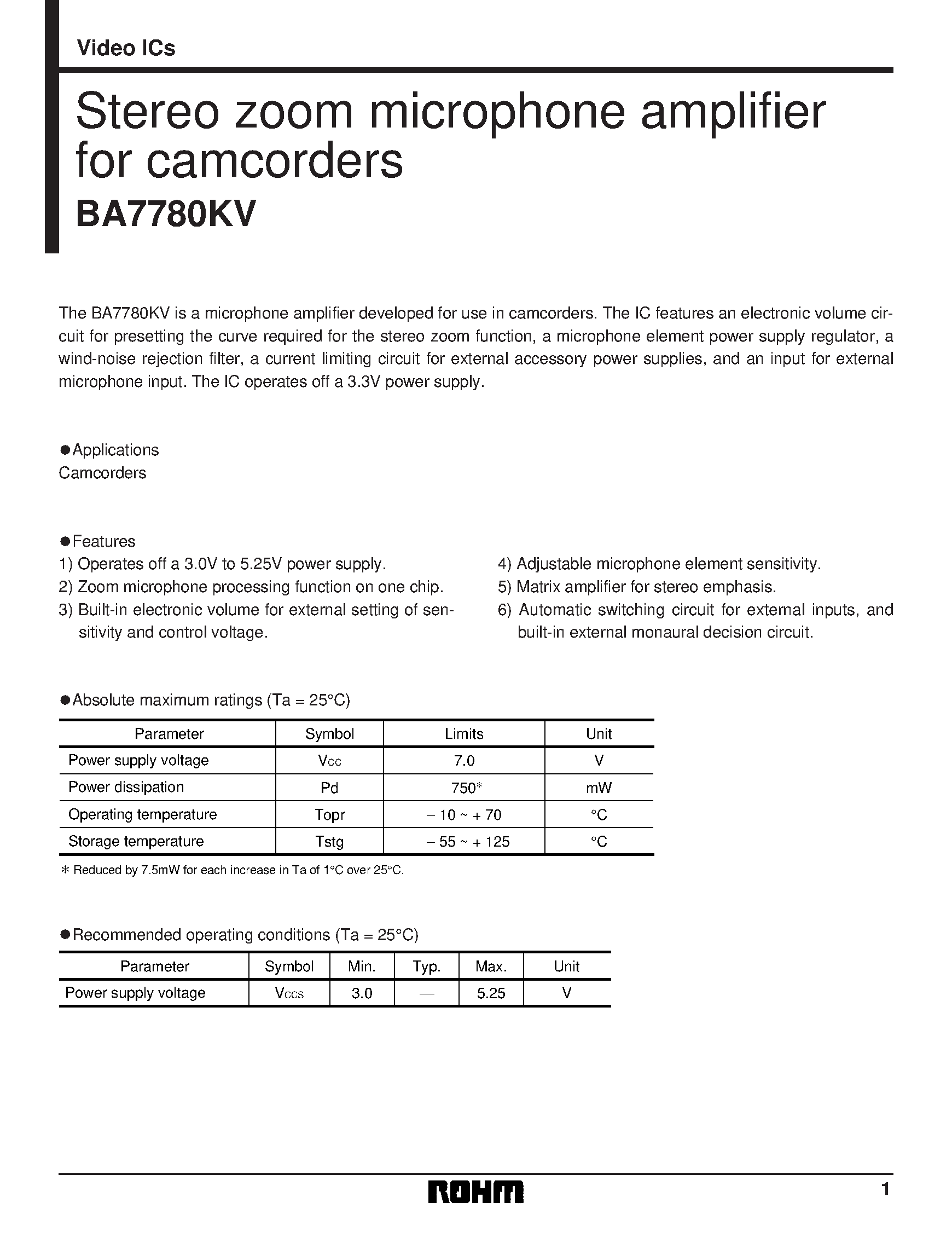 Даташит BA7780 - Stereo zoom microphone amplifier for camcorders страница 1