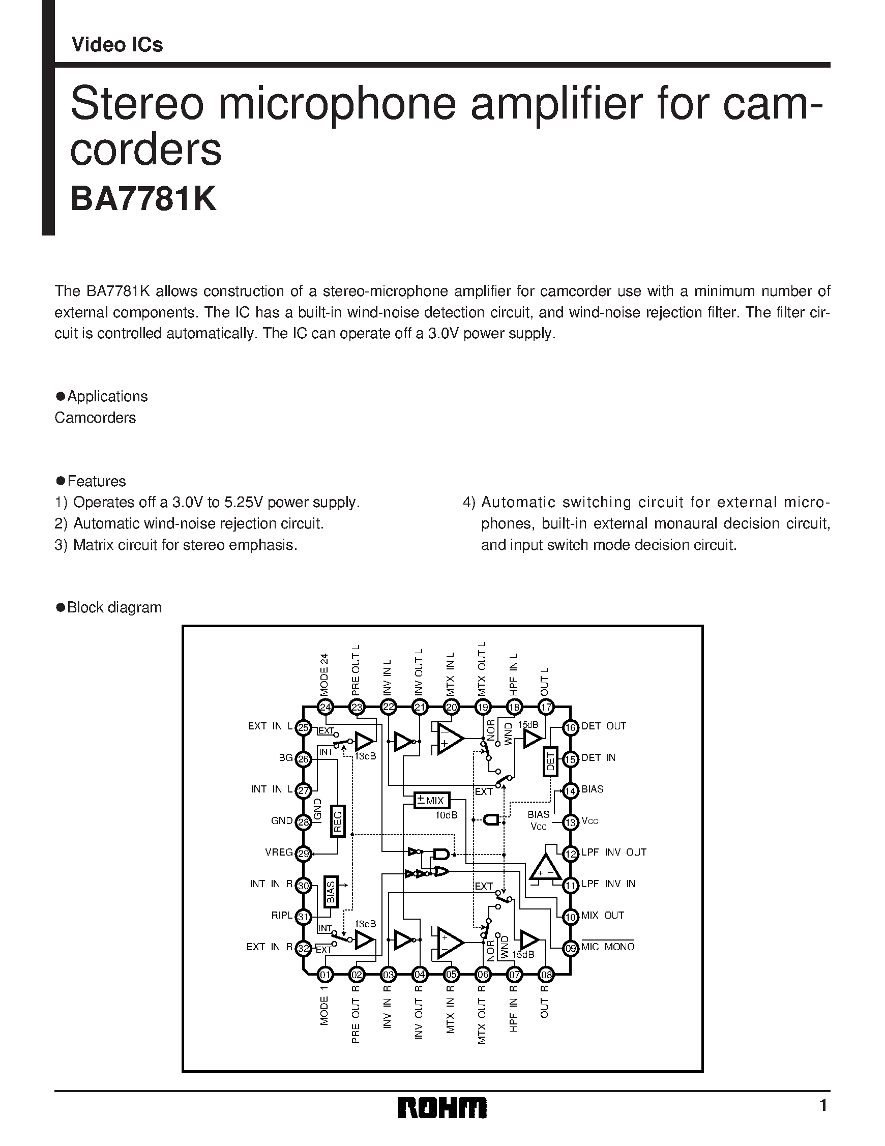 Даташит BA7781 - Stereo microphone amplifier for camcorders страница 1
