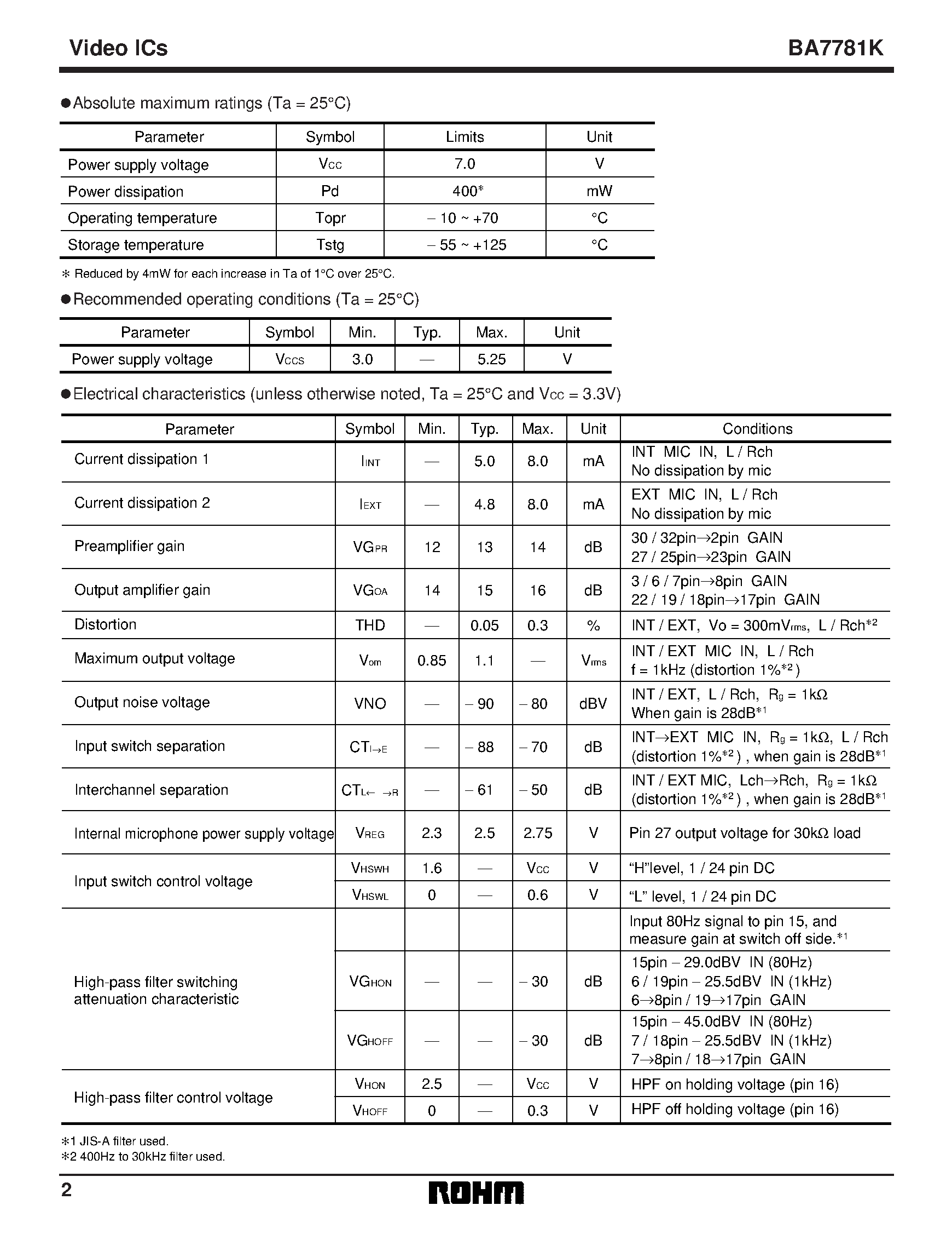 Даташит BA7781 - Stereo microphone amplifier for camcorders страница 2
