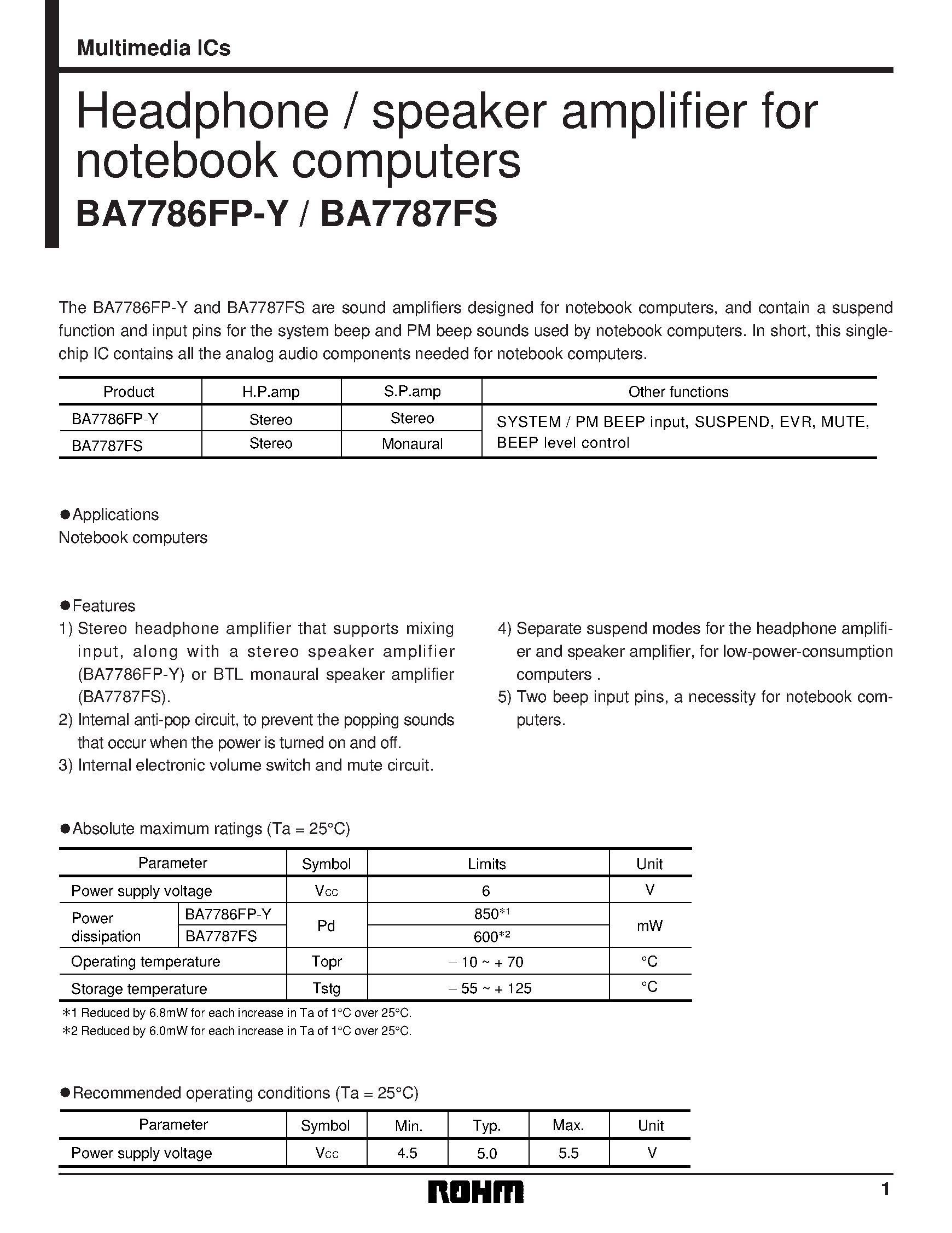 Datasheet BA7786FP-Y page 1 Datasheet BA7786FP-Y - Headphone / speaker amplifier for notebook computers page 1