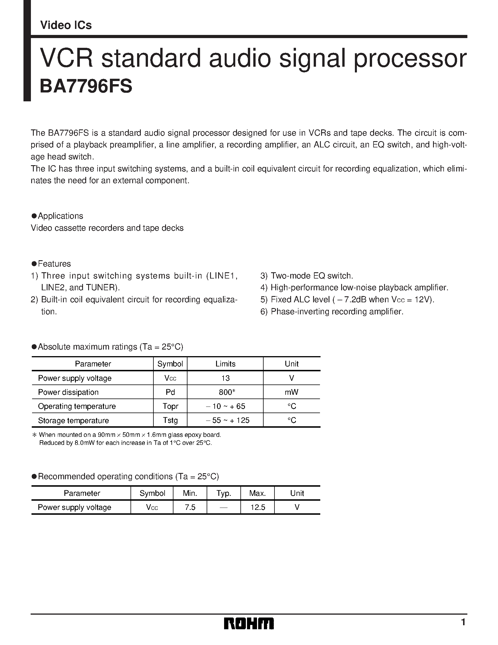 Даташит на микросхему BA7796FS страница 1 Даташит BA7796FS - VCR standard audio signal processor страница 1