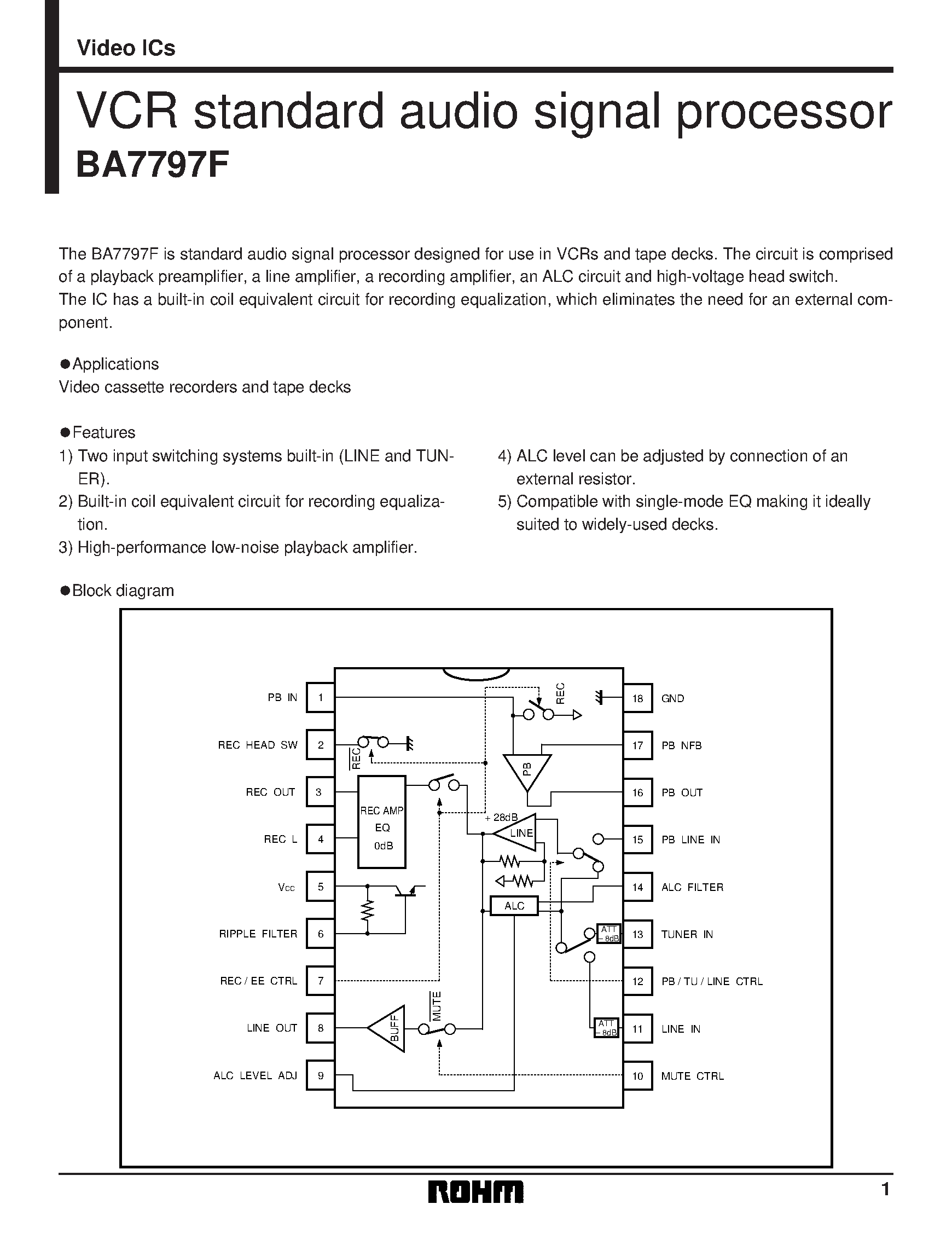Даташит на микросхему BA7797F страница 1 Даташит BA7797F - VCR standard audio signal processor страница 1