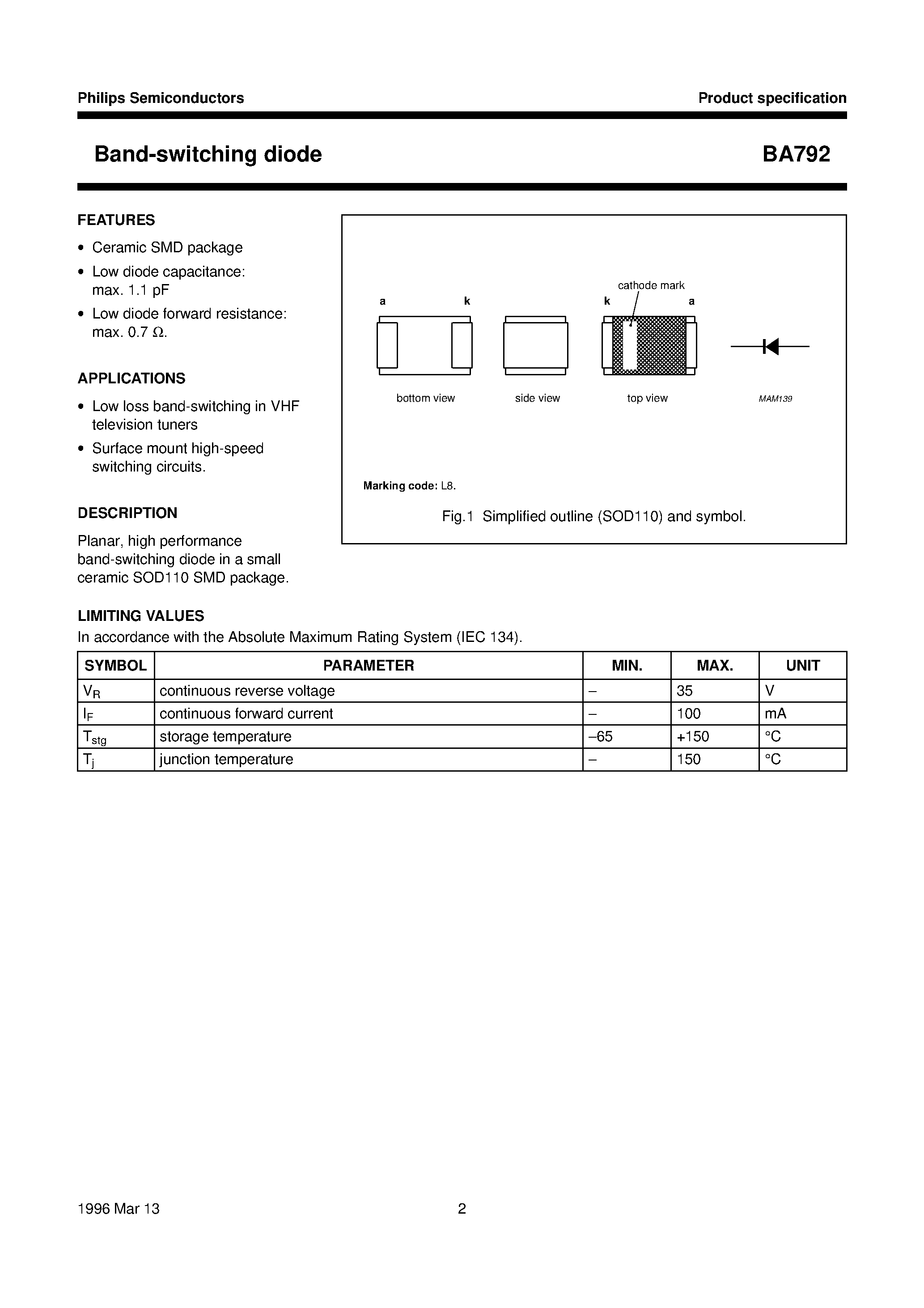Datasheet BA792 page 2 Datasheet BA792 - Band-switching diode page 2