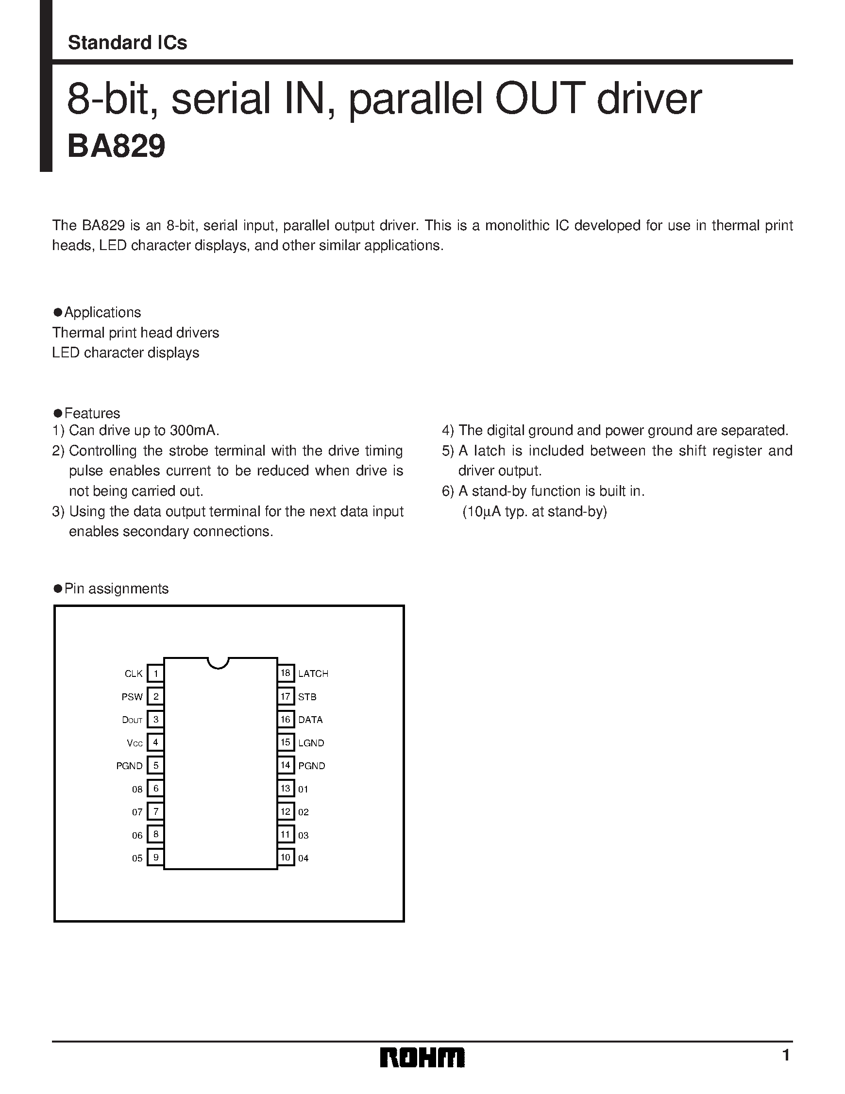Datasheet BA829 - 8-bit/ serial IN/ parallel OUT driver page 1