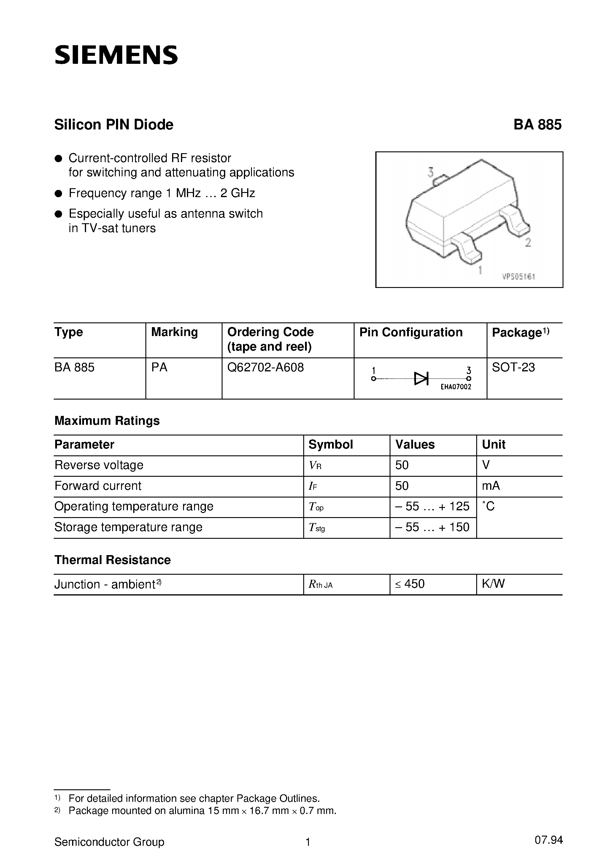 Datasheet BA885 - Silicon PIN Diode page 1