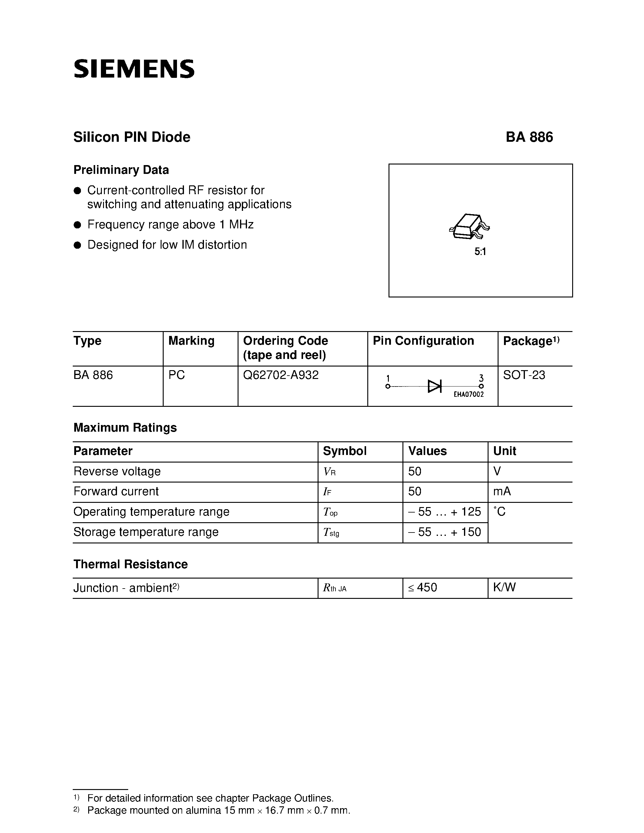 Datasheet BA886 page 1 Datasheet BA886 - Silicon PIN Diode page 1