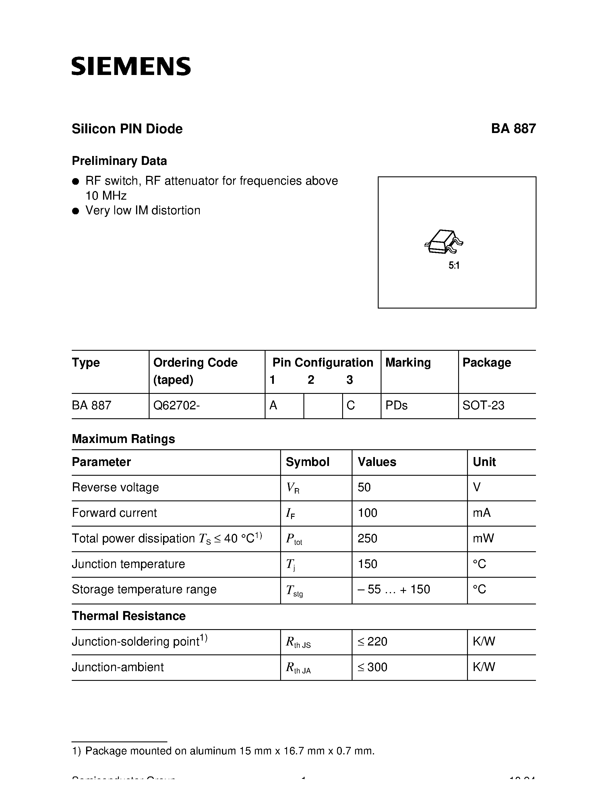 Datasheet BA887 page 1 Datasheet BA887 - Silicon PIN Diode page 1