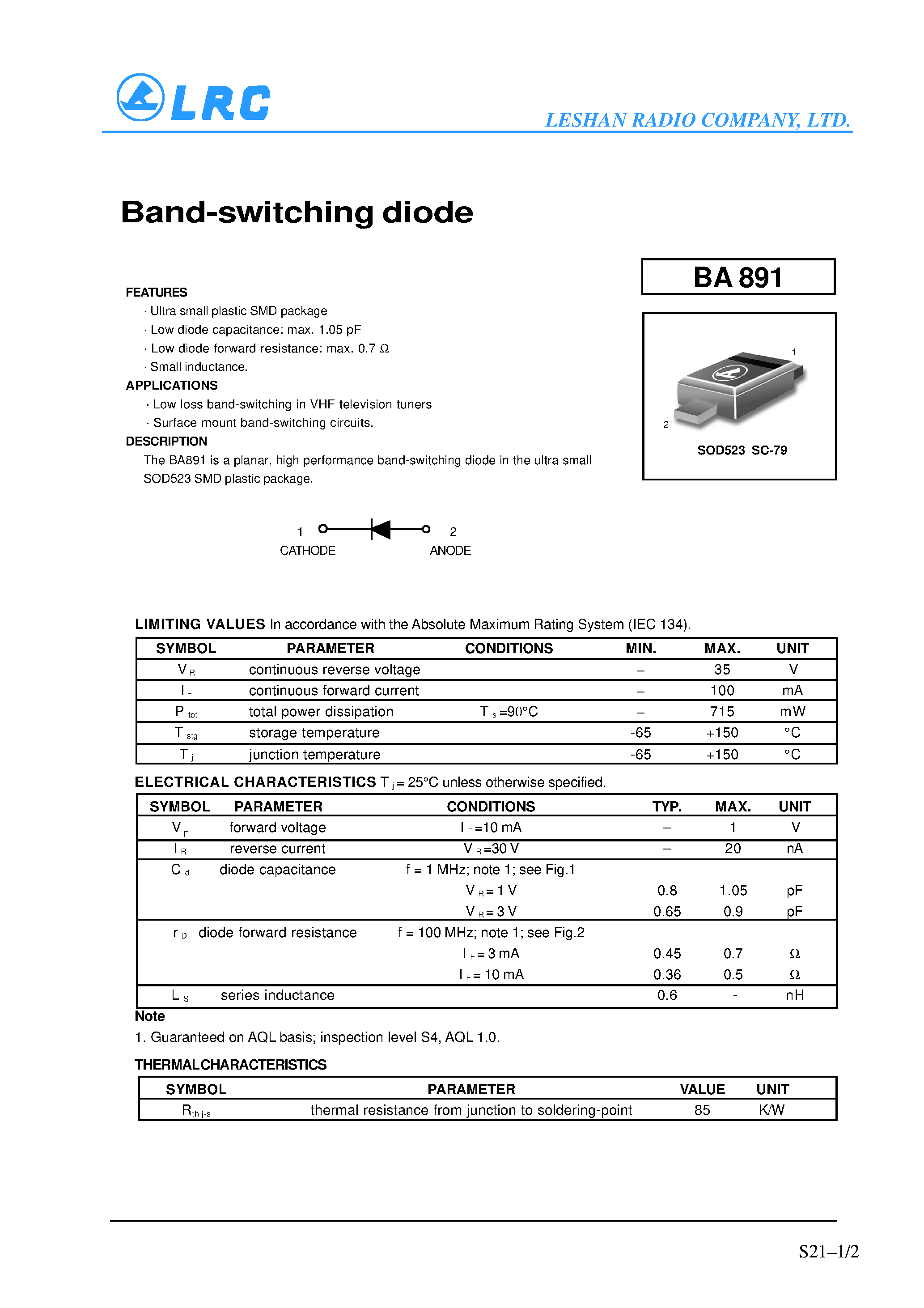 Datasheet BA891 page 1 Datasheet BA891 - Band-switching diode page 1