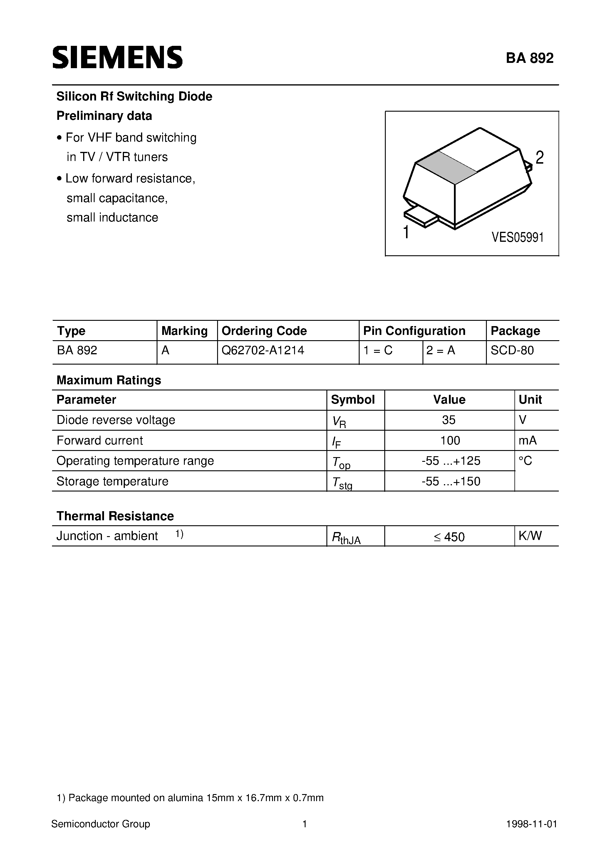 Datasheet BA892 page 1 Datasheet BA892 - Silicon Rf Switching Diode Preliminary data page 1