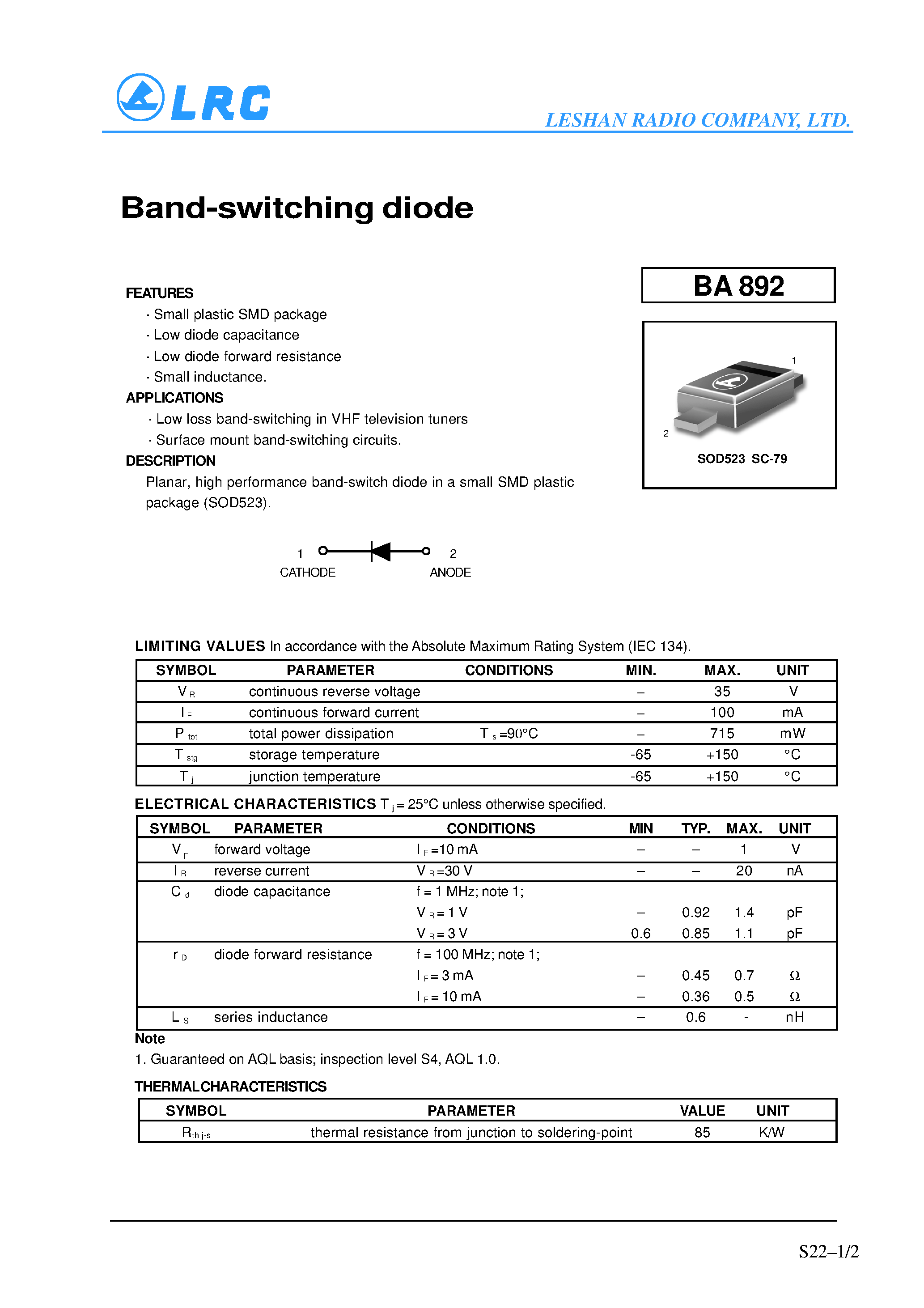 Datasheet BA892 - Band-switching diode page 1