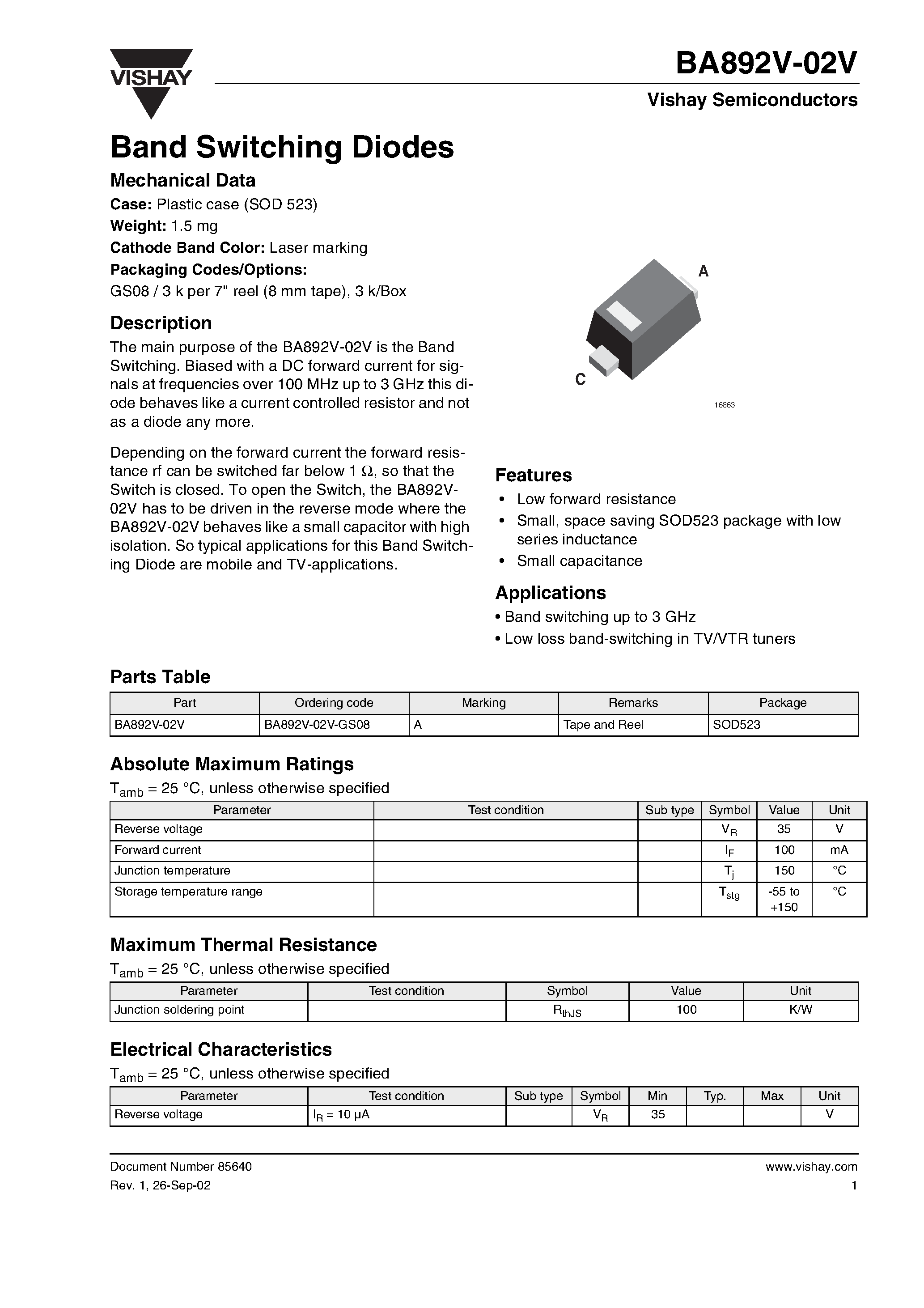 Даташит на микросхему BA892V-02V-GS08 страница 1 Даташит BA892V-02V-GS08 - Band Switching Diodes страница 1
