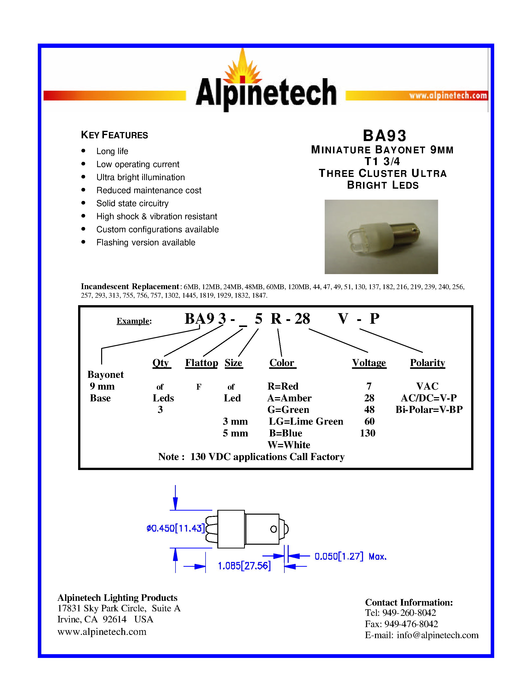 Datasheet BA93 - MINIATURE BAYONET 9MM T1 3/4 THREE CLUSTER ULTRA BRIGHT LEDS page 1